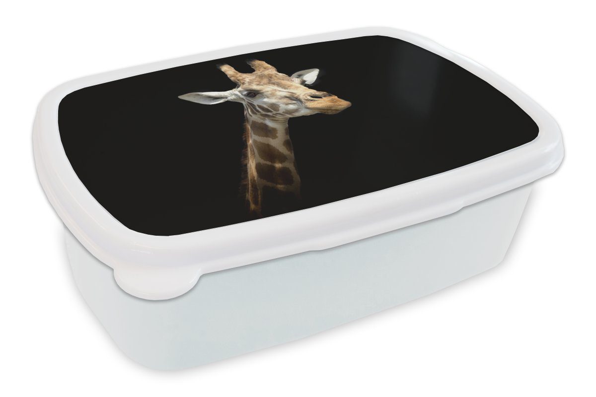 MuchoWow Lunchbox Giraffenkopf für schwarzen Hintergrund, Kunststoff, (2-tlg), Brotbox für Kinder und Erwachsene, Brotdose, für Jungs und Mädchen weiß