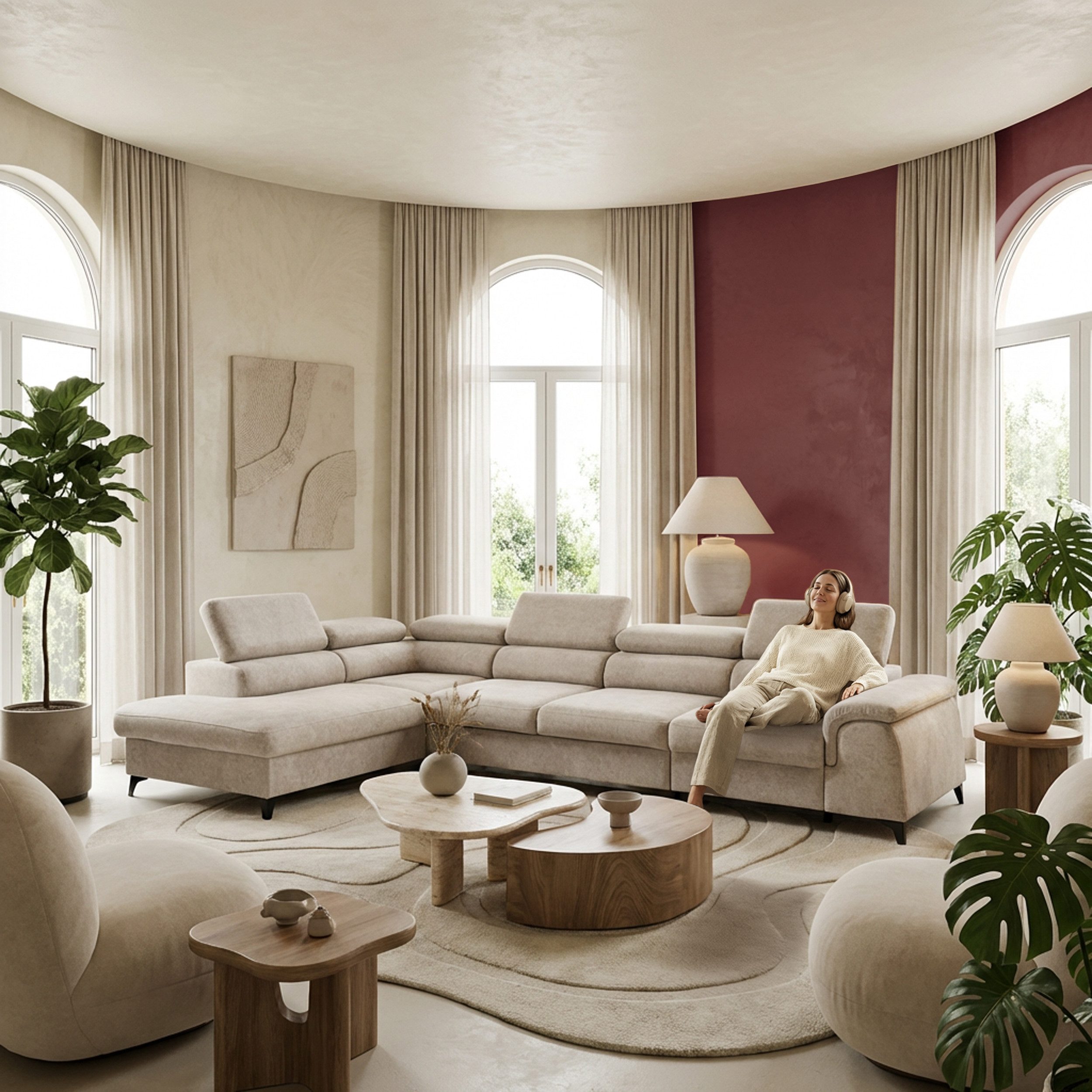 Muffo Ecksofa Plaza Maxi, Modernes Große sofa L-form mit Schlaffunktion und Verstellbare Kopfstützen Metallfüße, elegante einfache Form