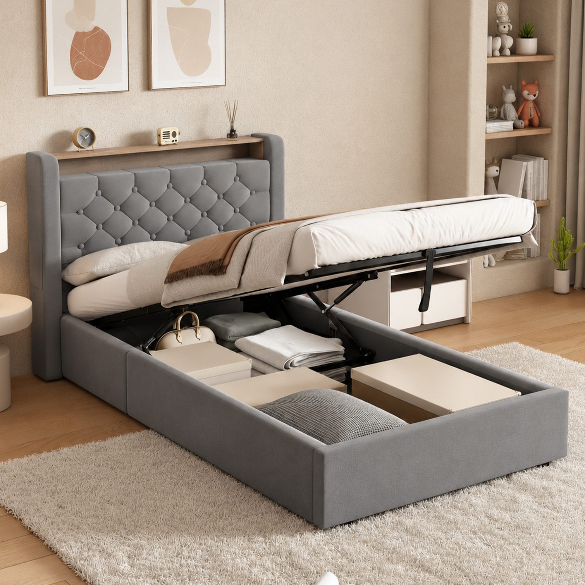 HAUSS SPOLE Polsterbett 90×200 Stauraumbett Boxspringbett Jugendbett mit Bettkasten&Kopfteil (90×200 Einzelbett Kinderbett mit Stauraum und klappbarem Kopfteil), Bettrahmen ohne Matratze für den täglichen Komfort
