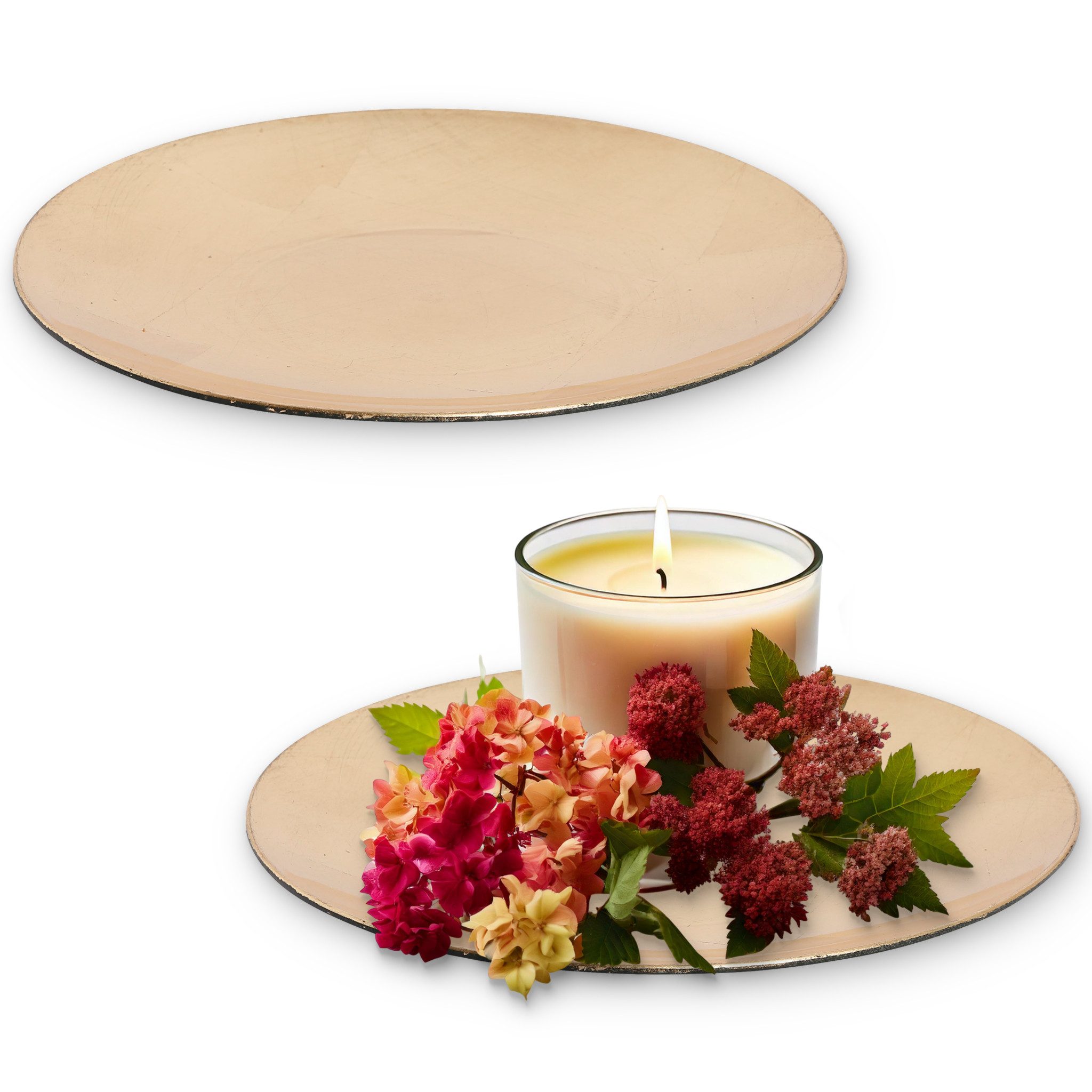 matches21 HOME & HOBBY Dekoschale Deko-Teller 28 cm 2er Set in gold für drinnen & draußen (2 St), Tischdeko für individuelle Kränze, Blumenarrangements & Kerzen