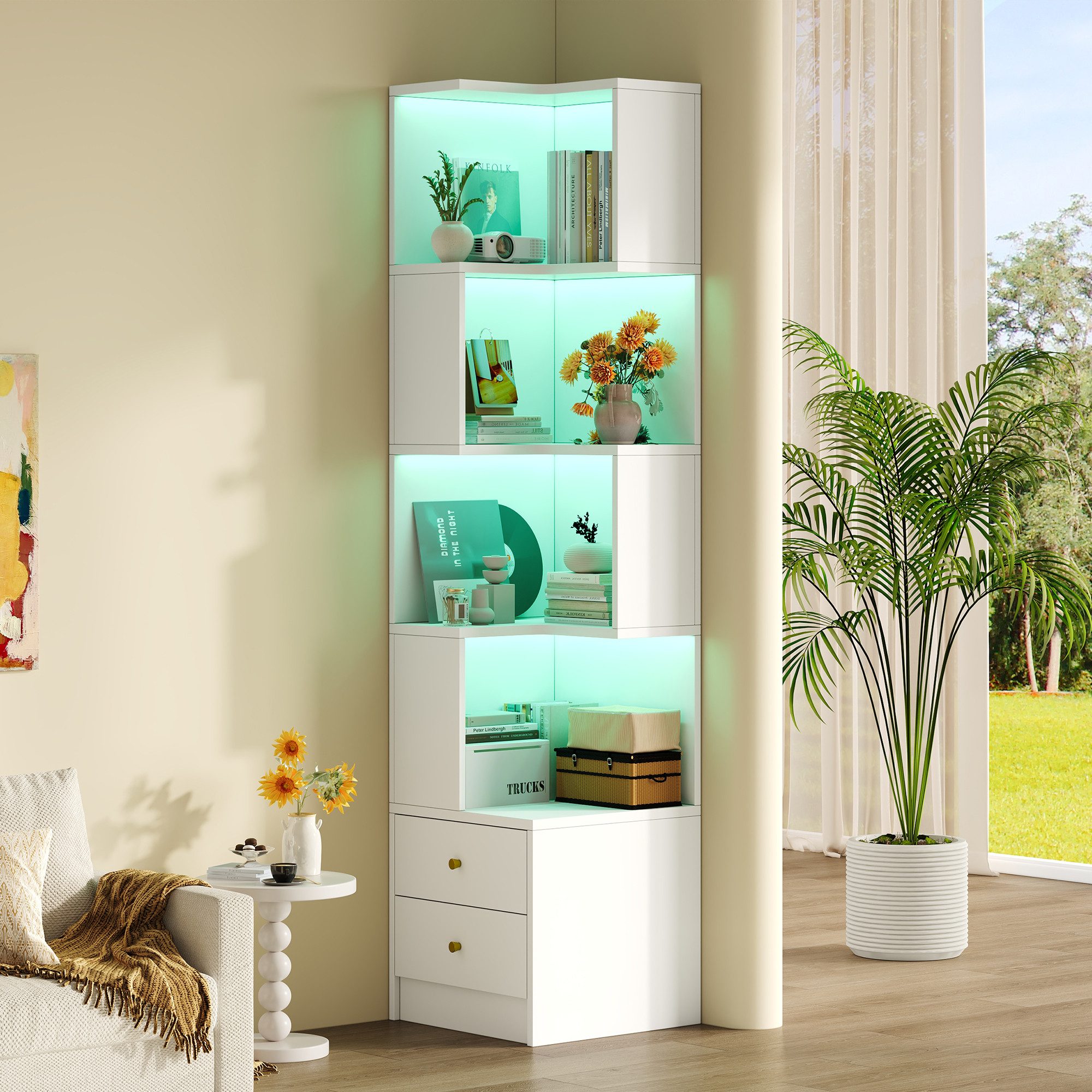 Celya Eckregal 45 x 43.5 x 180 cm, multifunktionales L-förmiges, mit großer Stauraum, 2 Schubladen, App-gesteuerte LED-Beleuchtung, mehrschichtiges Design, ideal für Wohnzimmer, Schlafzimmer, Arbeitszimmer oder Büro