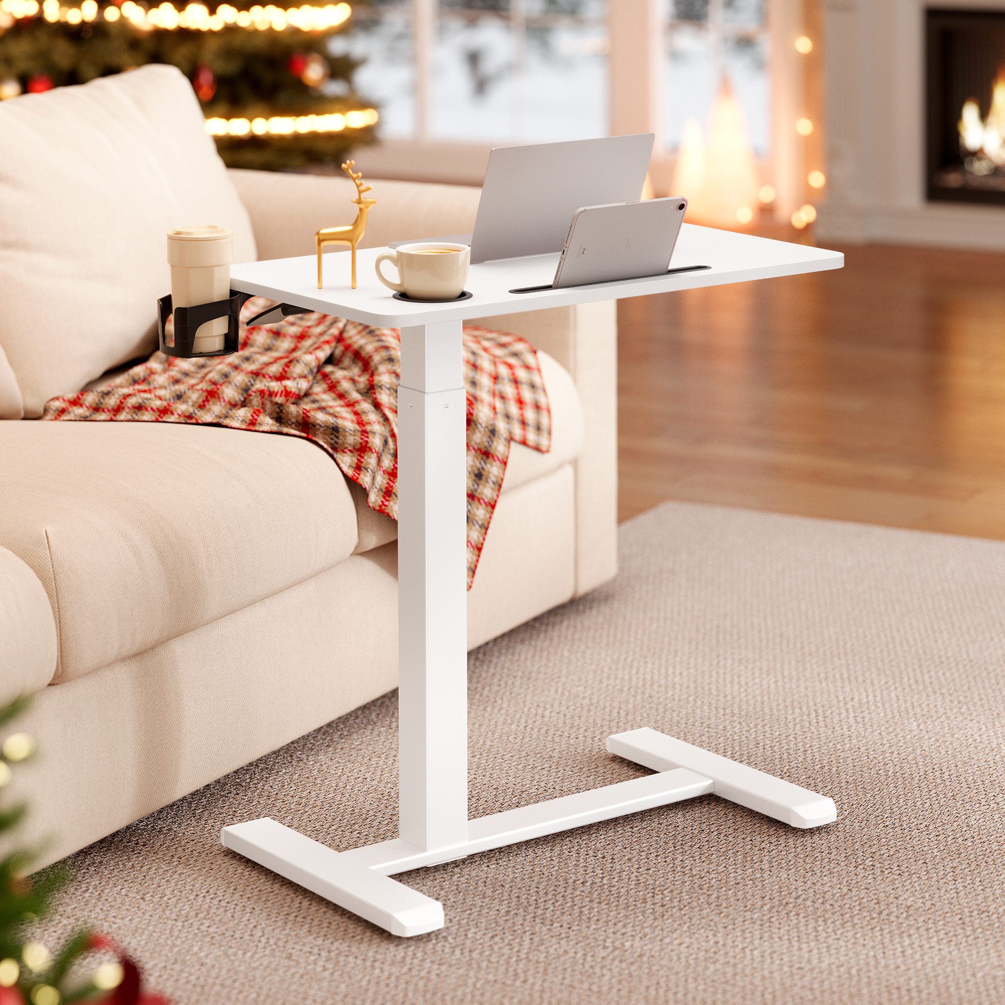 VASAGLE Schreibtisch Beistelltisch mit Rollen, mobiler Stehtisch, verstellbare Höhe, 2 Getränkehalter, Schlitz