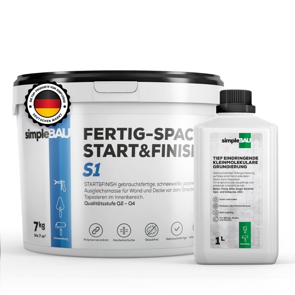 simpleBAU Spachtelmasse Spachtelmasse Weiß Innen 7 KG + 1L Tiefengrund gebrauchsfertig