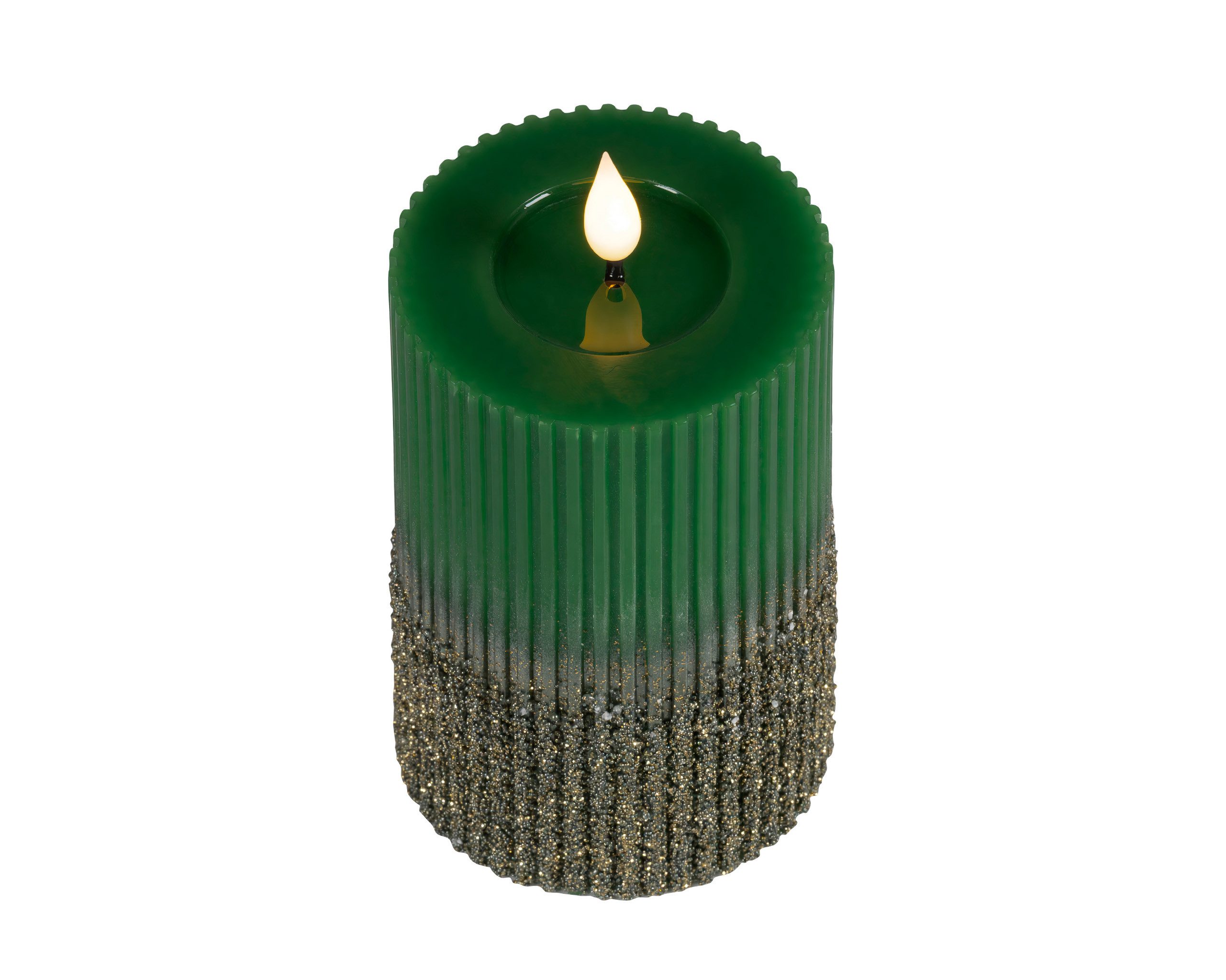 Lumineo LED-Kerze, Timer, warmweiß, LED Kerze 7,5x15cm mit Timer gerillt Wachs Glitzer Grün Warmweiß