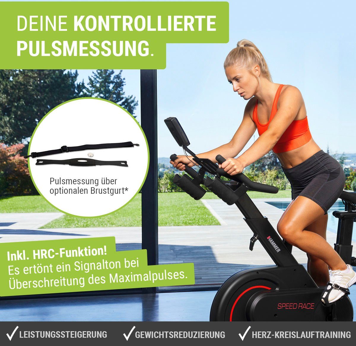 Hammer Speedbike Racer, per Fitness-Apps Smartphone/Tablet Trainingscomputer mit LCD-Anzeige