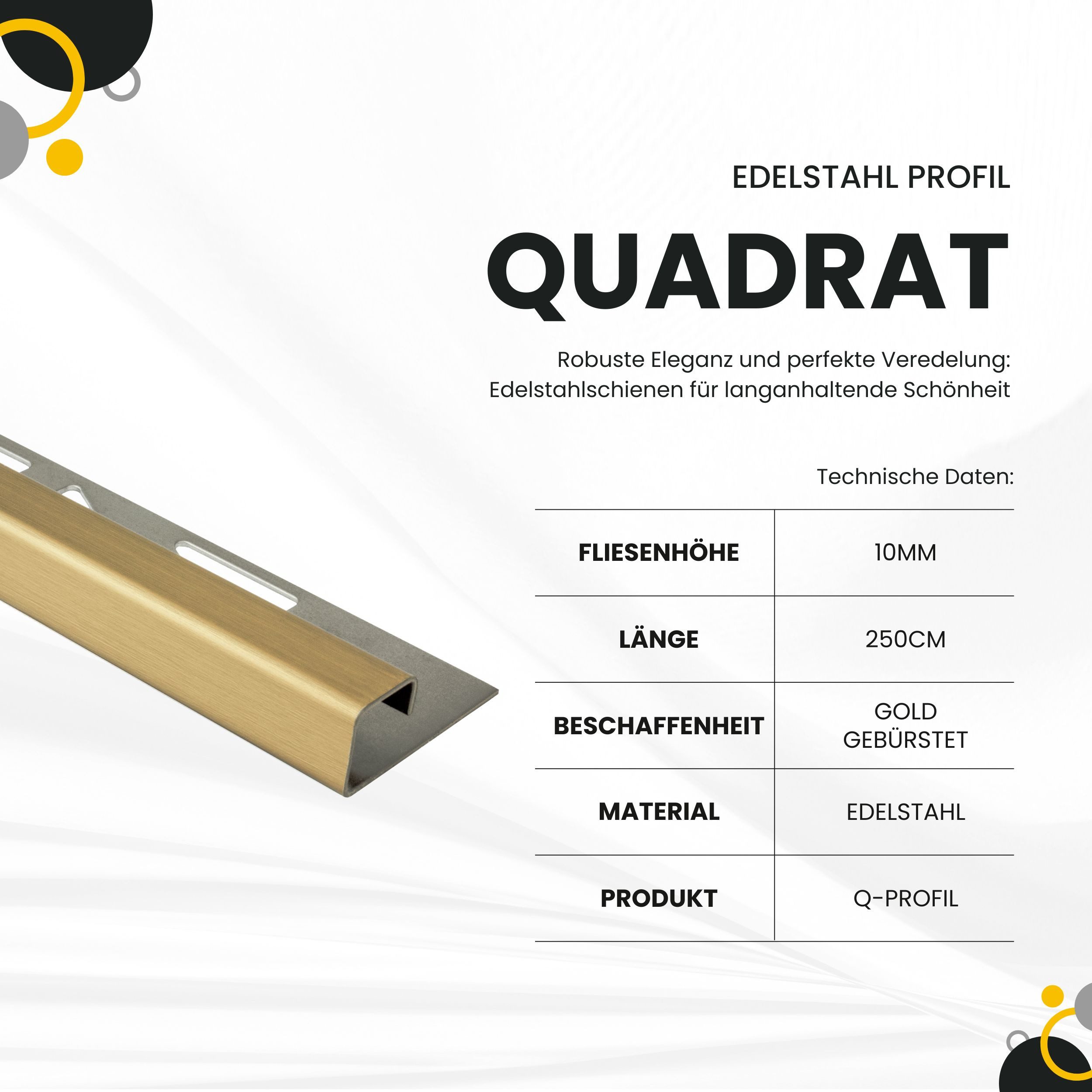tktrading24 Abschlussprofil Quadrat Fliesenprofil Edelstahl V2A L250cm H10 gold gebürstet