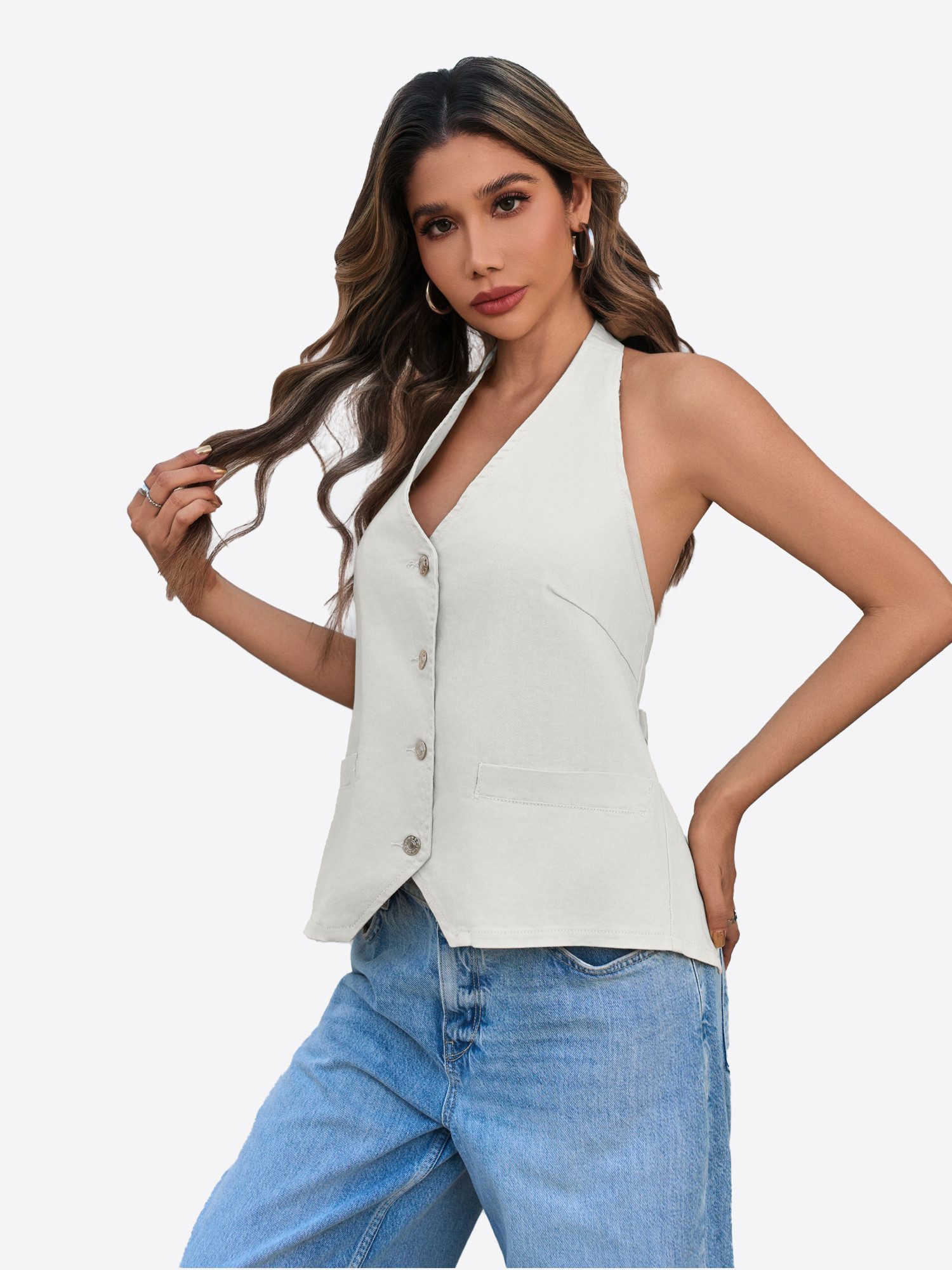 Imily Bela Jeansweste Damen Weste mit V-Ausschnitt und Rückenausschnitt (Packung, 1-tlg., 1per-Pack) mit Knöpfen – Bild 4 von 5