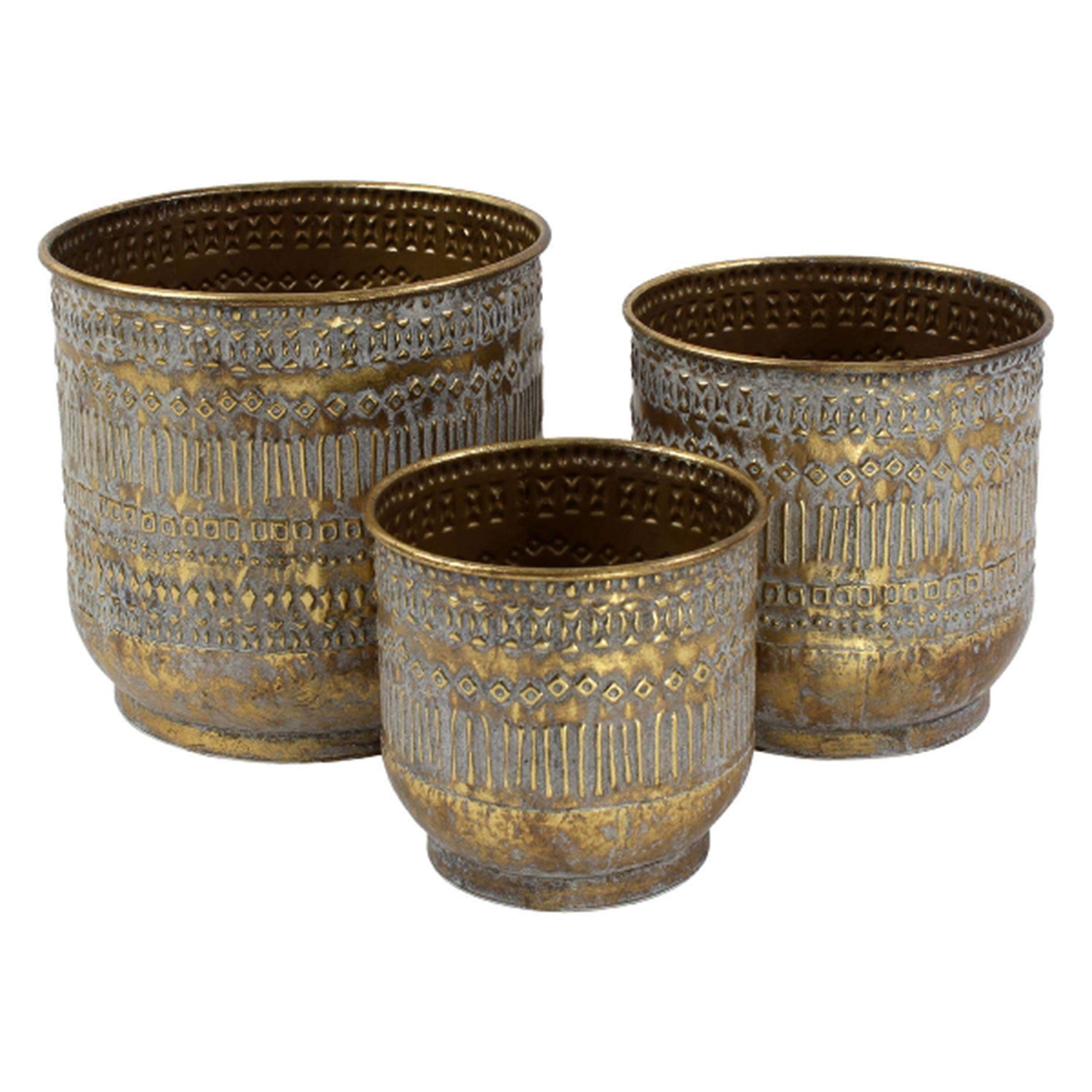colourliving Blumentopf Blumentopf Metall Rund 3er-Set Übertopf Tripoli gold, strukturiertes Muster in kunstvoller Ausführung