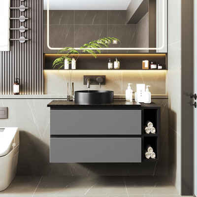 PFCTART Waschbeckenunterschrank Waschbeckenunterschrank hängend 80cm breit Keramikwaschbecken (modernes Design schwarz-graue) mit Schubladen
