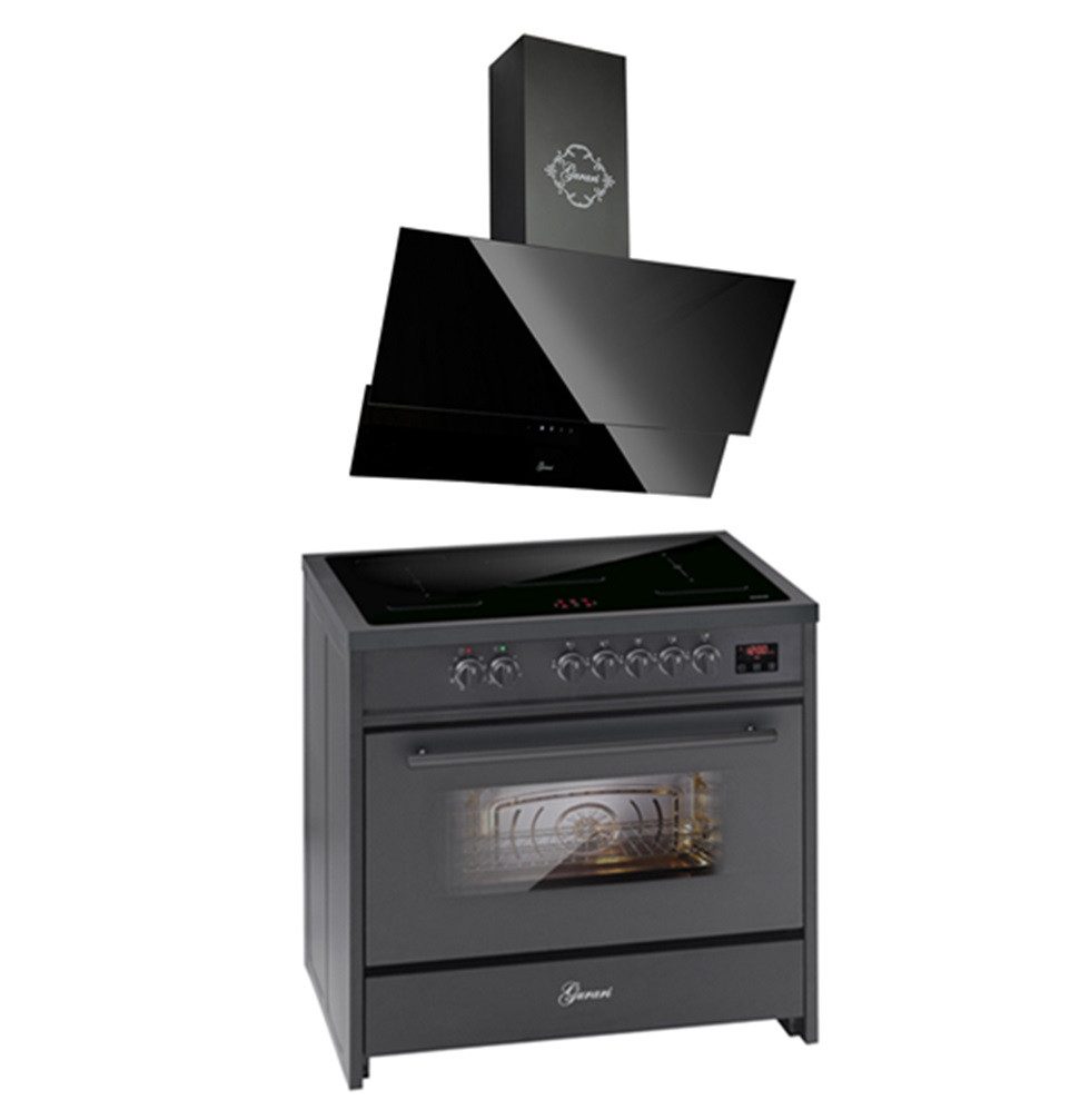 GURARI Induktions Herd-Set Range Cooker 90 cm, Schwarz, 5 Kochzonen, 121L+Dunstabzugshaube 90 cm E 913 BL+GCH 268 BL 9 Prime., mit 1-fach-Teleskopauszug