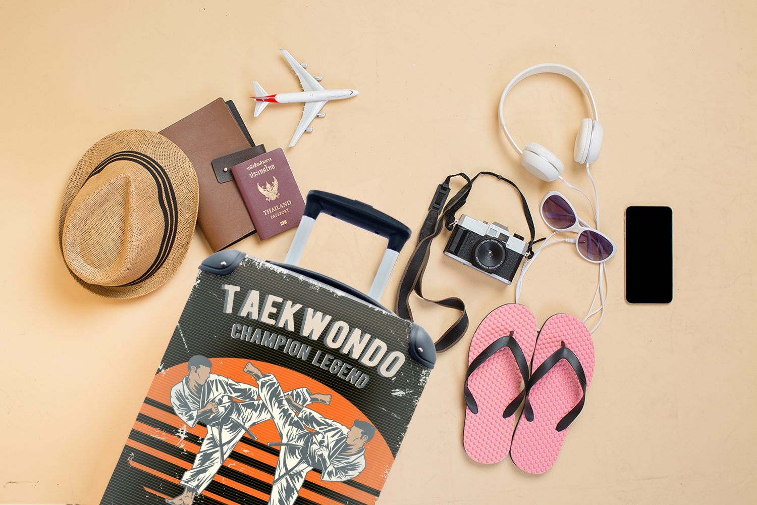 MuchoWow Handgepäckkoffer Jahrgang Handgepäck für Pak, - Reisekoffer 4 Reisetasche Ferien, Rollen, rollen, mit Karate - Trolley