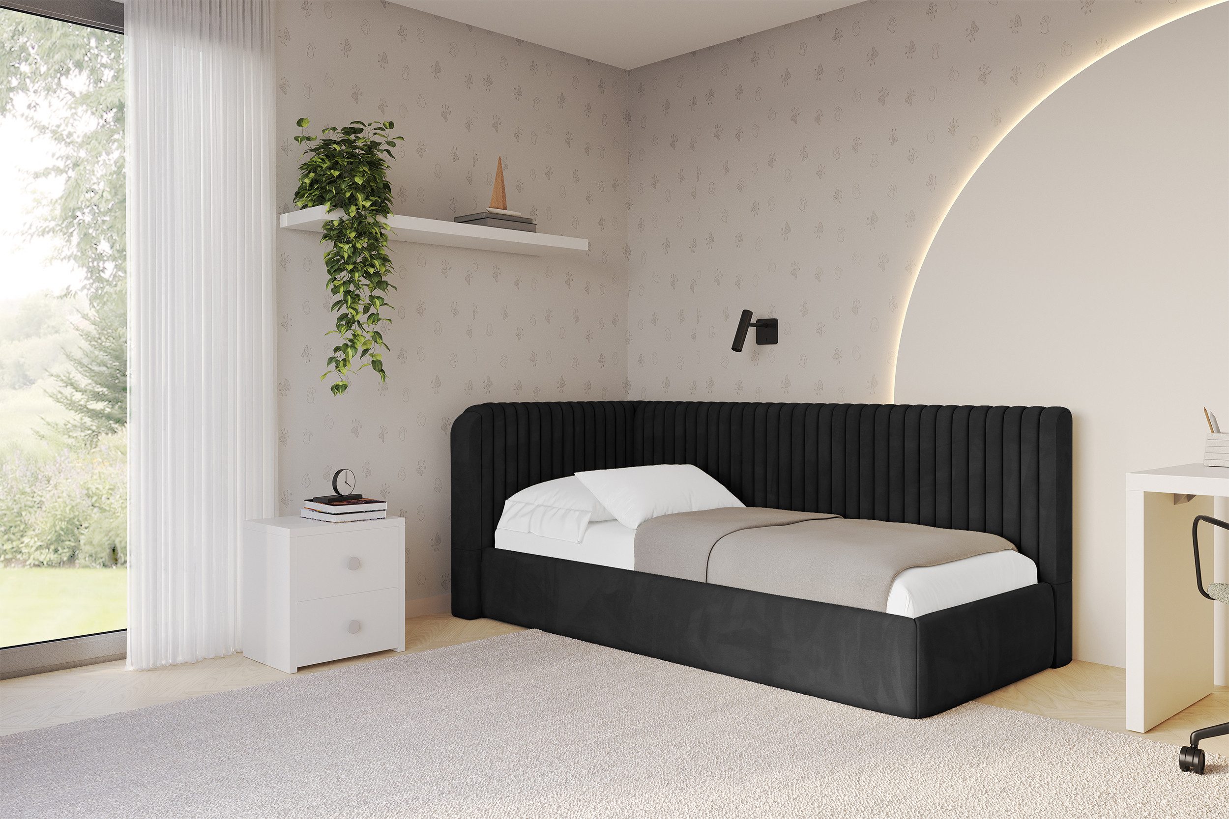 ALTDECOR Jugendbett AURY (Jugendbett mit Bettkasten und Lattenrost, Polsterbett ohne Matratze), Einzelbett mit Stauraum, Bett mit Kopfteil