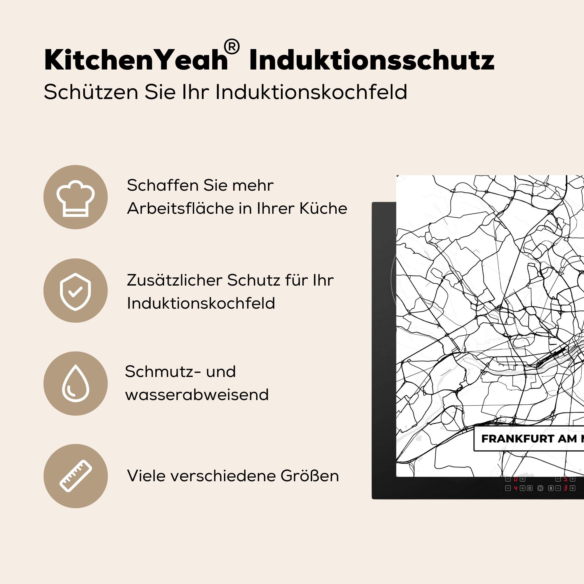 MuchoWow Herdblende-/Abdeckplatte Karte - küche tlg), Main für 78x78 Vinyl, am cm, Ceranfeldabdeckung, Stadtplan, - Arbeitsplatte Frankfurt (1