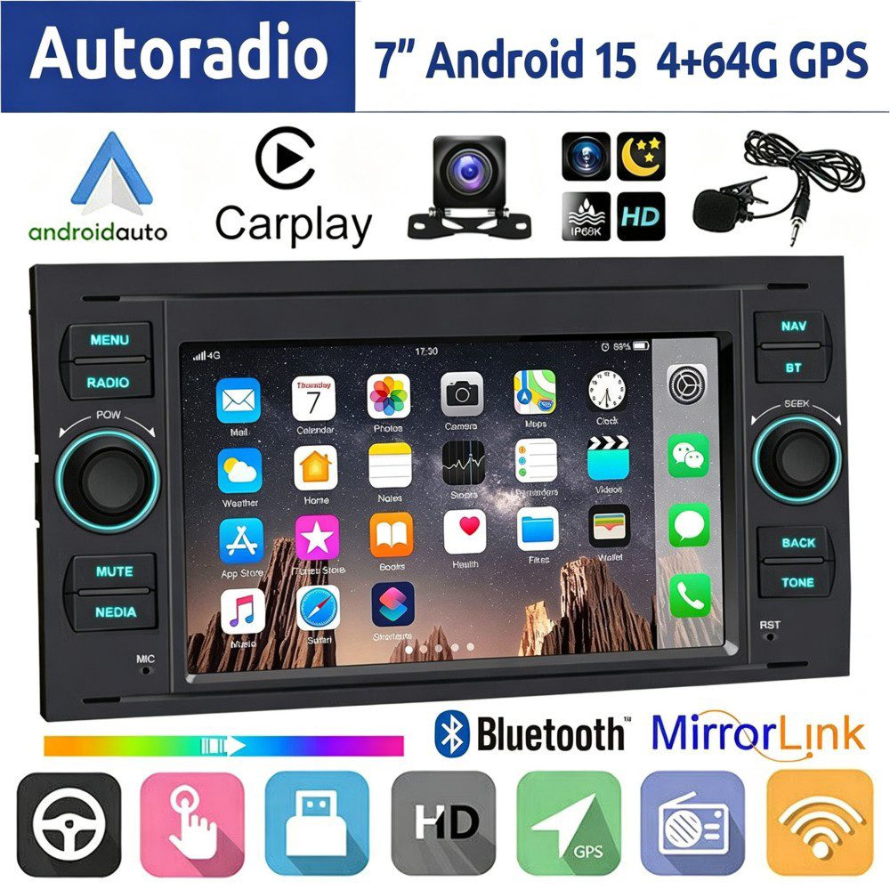 ESSGOO 7" Android 15 Für Ford Focus Transit MK7 C S-Max Fiesta Galaxy Kuga Autoradio (RDS, 2+64GB(optional), 4G, FM, DAB+ (optional), GPS Navi Carplay Android Auto Bluetooth EQ USB WIFI Touchscreen SWC)
