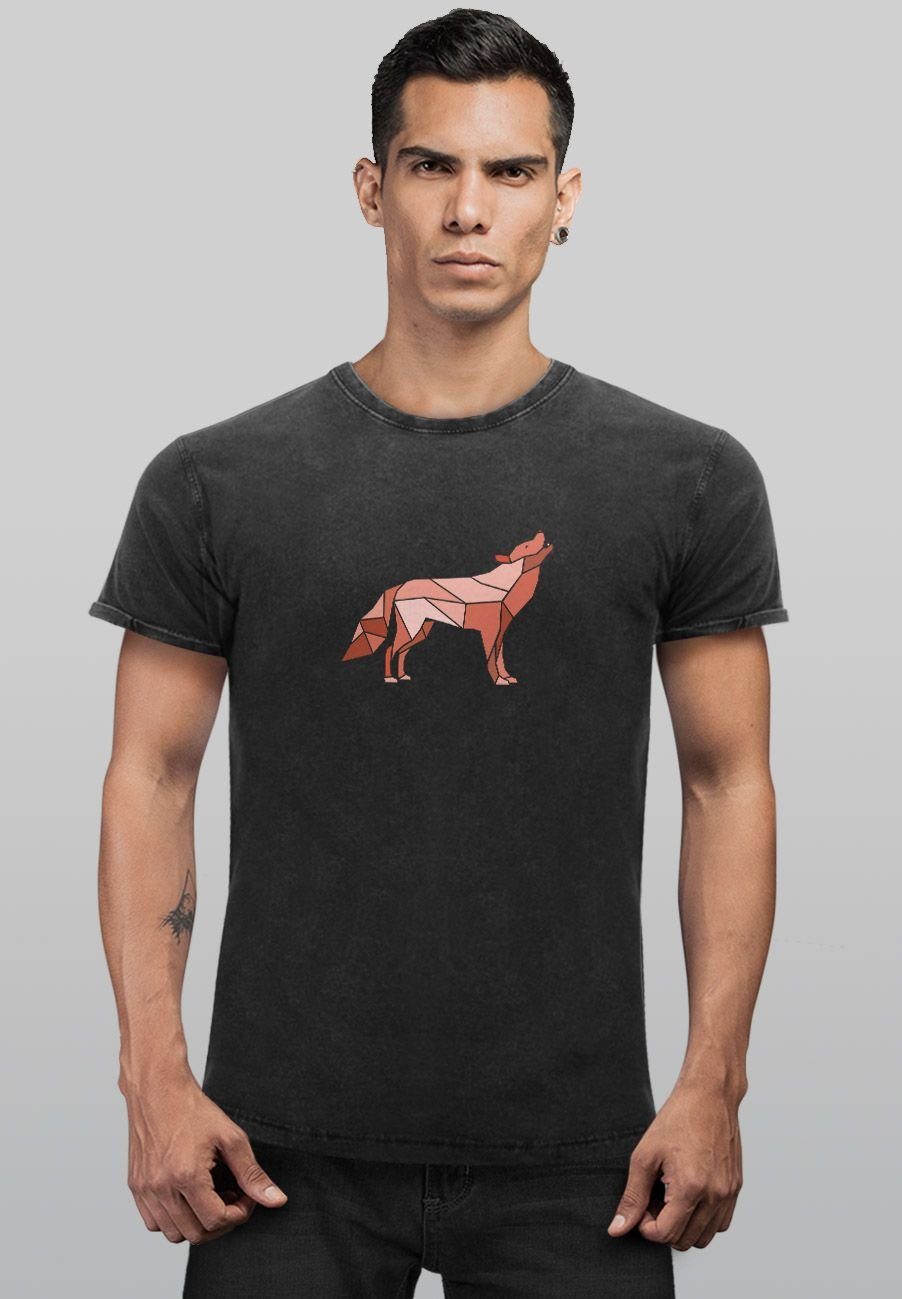 Polygon schwarz Print-Shirt mit Geometrie Herren Print Neverless Shirt Vintage Aufdruck Print Outdoor Wolf Wil