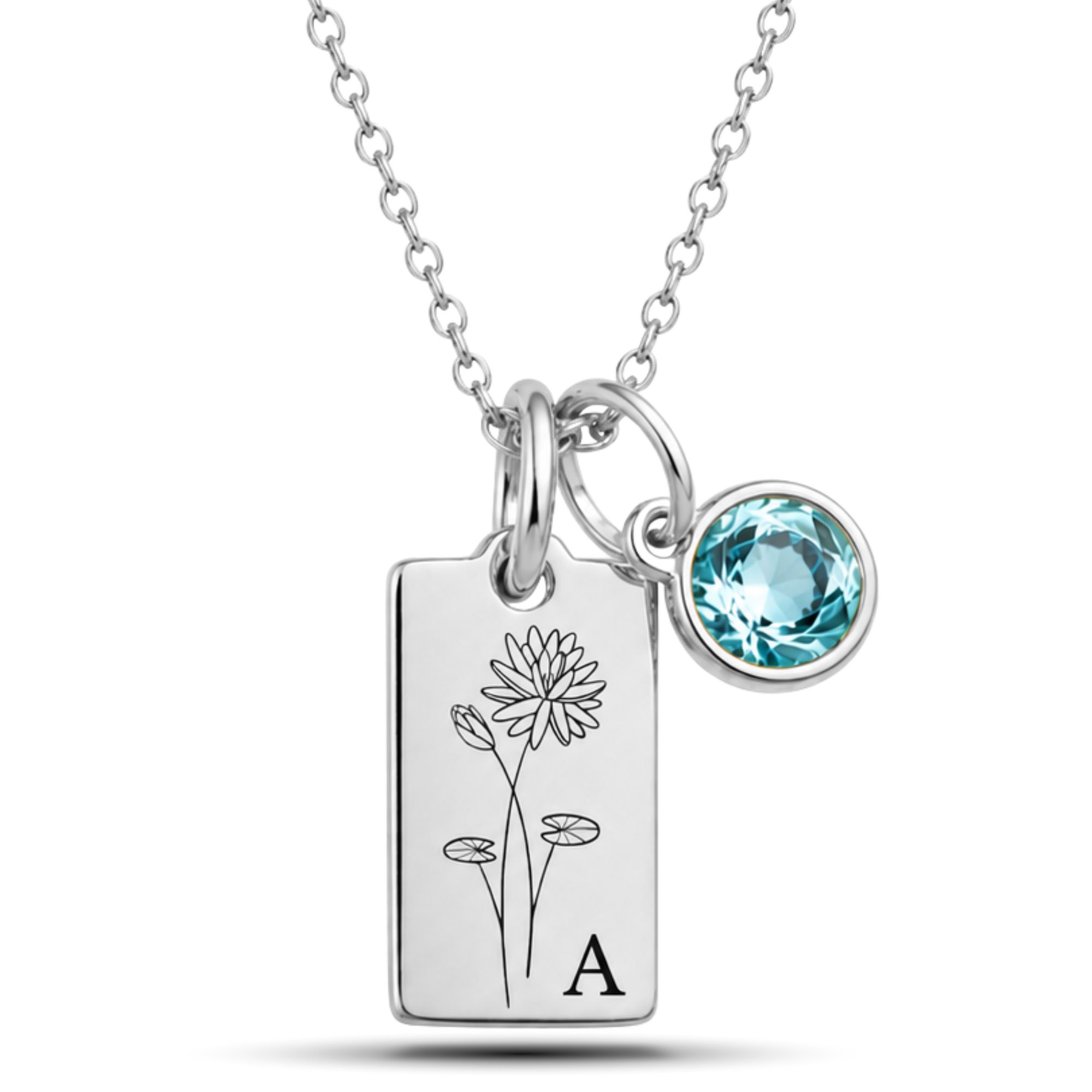 BS Schmuckdesign Kette mit Anhänger mit Gravur Personalisierte Halskette Damen mit Gravur Monatsblume Initiale (inkl. Geburtsstein), inkl. Geschenkbox