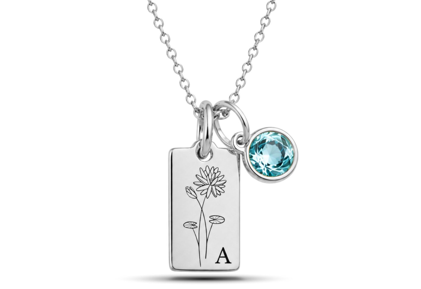 BS Schmuckdesign Kette mit Anhänger mit Gravur Personalisierte Halskette Damen mit Gravur Monatsblume Initiale (inkl. Geburtsstein), inkl. Geschenkbox