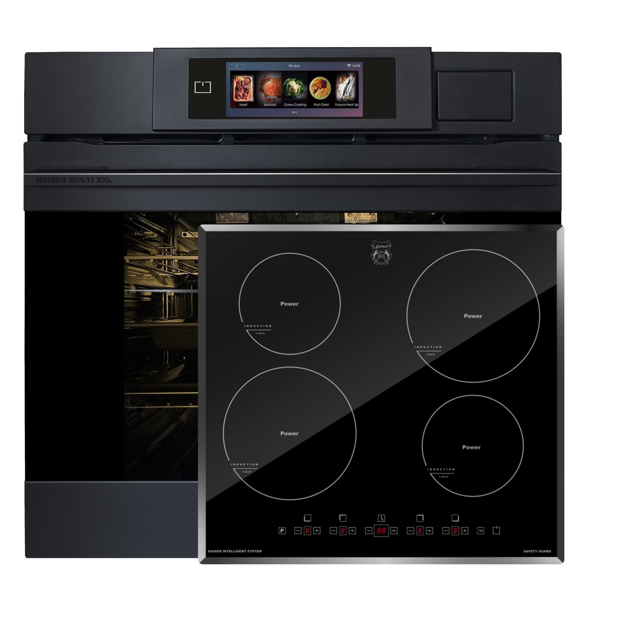 Kaiser Küchengeräte Backofen-Set Herd Set Autark XXL Multi 37,Multifunktions-Elektro-Dampfbackofen mit Dampfreinigung, 60 cm+Induktionskochfeld 60 cm, Autark,Facettenschliff, Kochfeld 4xQickHeat Kochzonen,Schwarz EH 6341+ KCT 6105 FI.., mit 1-fach-Teleskopauszug