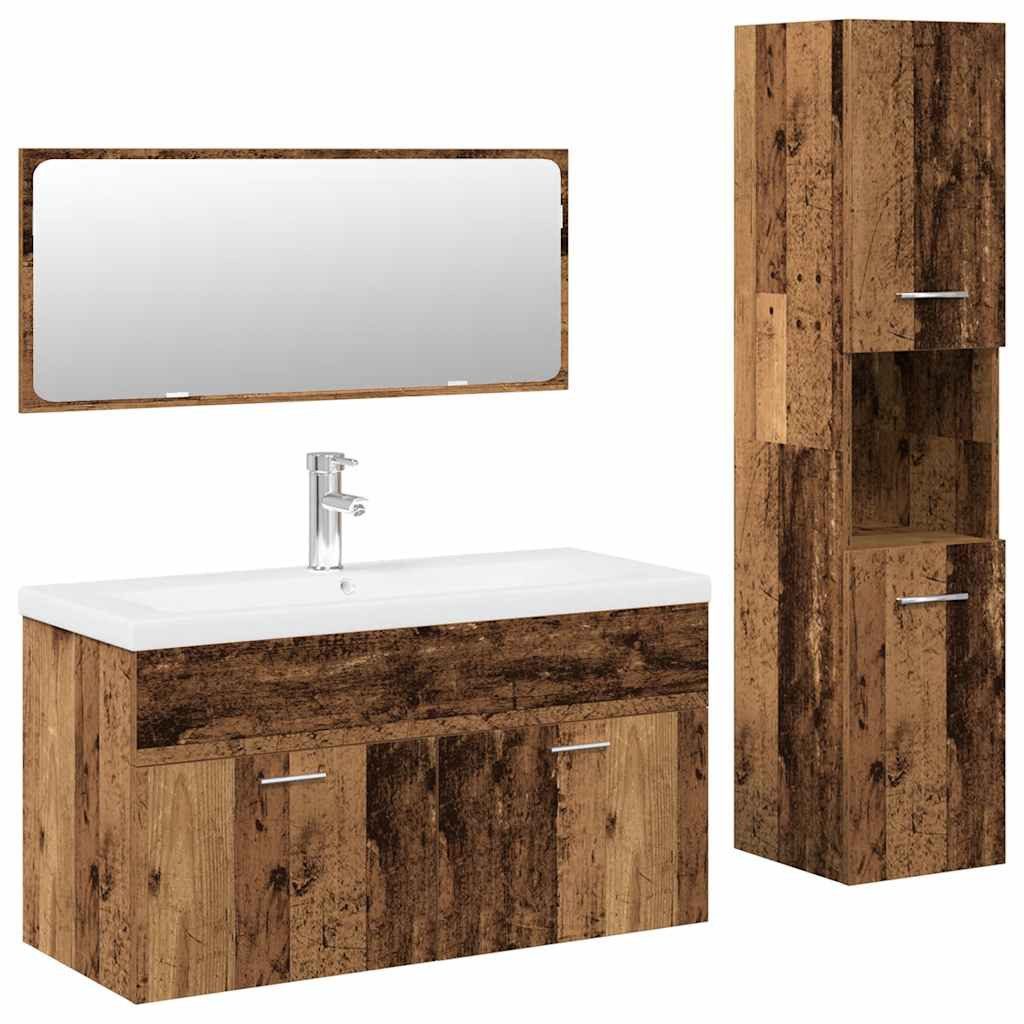 Badezimmer-Set 4-tlg. Badmöbel-Set Altholz-Optik Holzwerkstoff