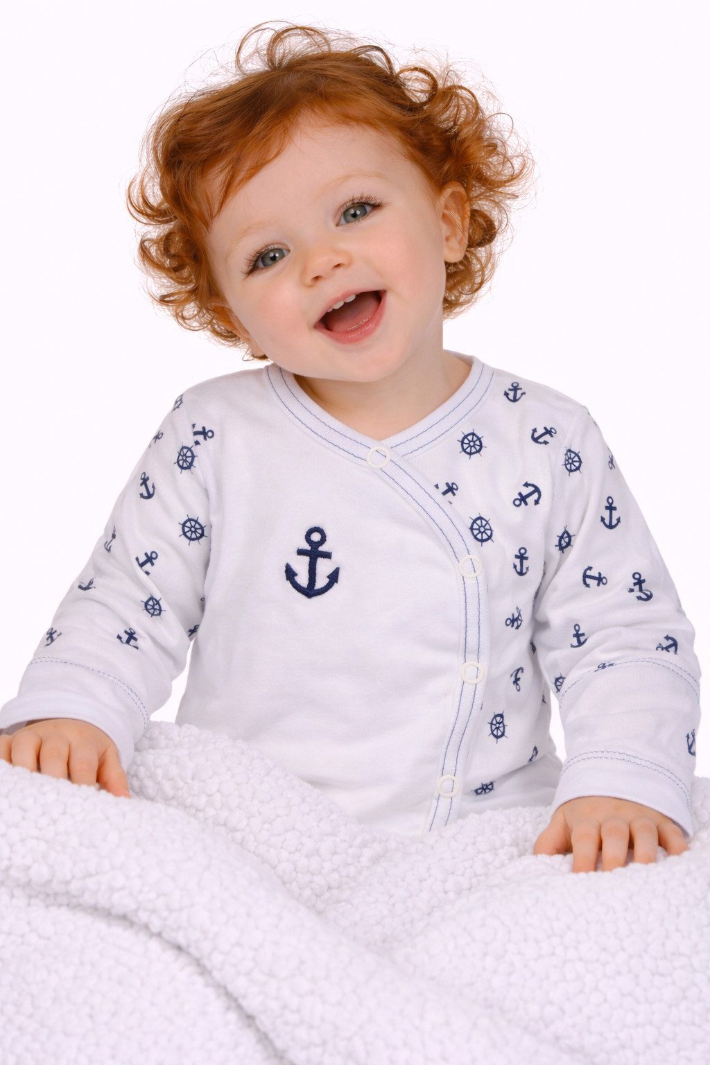 La Bortini Wickelbody Baby Body langarm mit Kratzschutz in Weiß mir Anker Muster aus reiner Buamwolle, 44 50 56 62 68 74 80 86 92 98 104