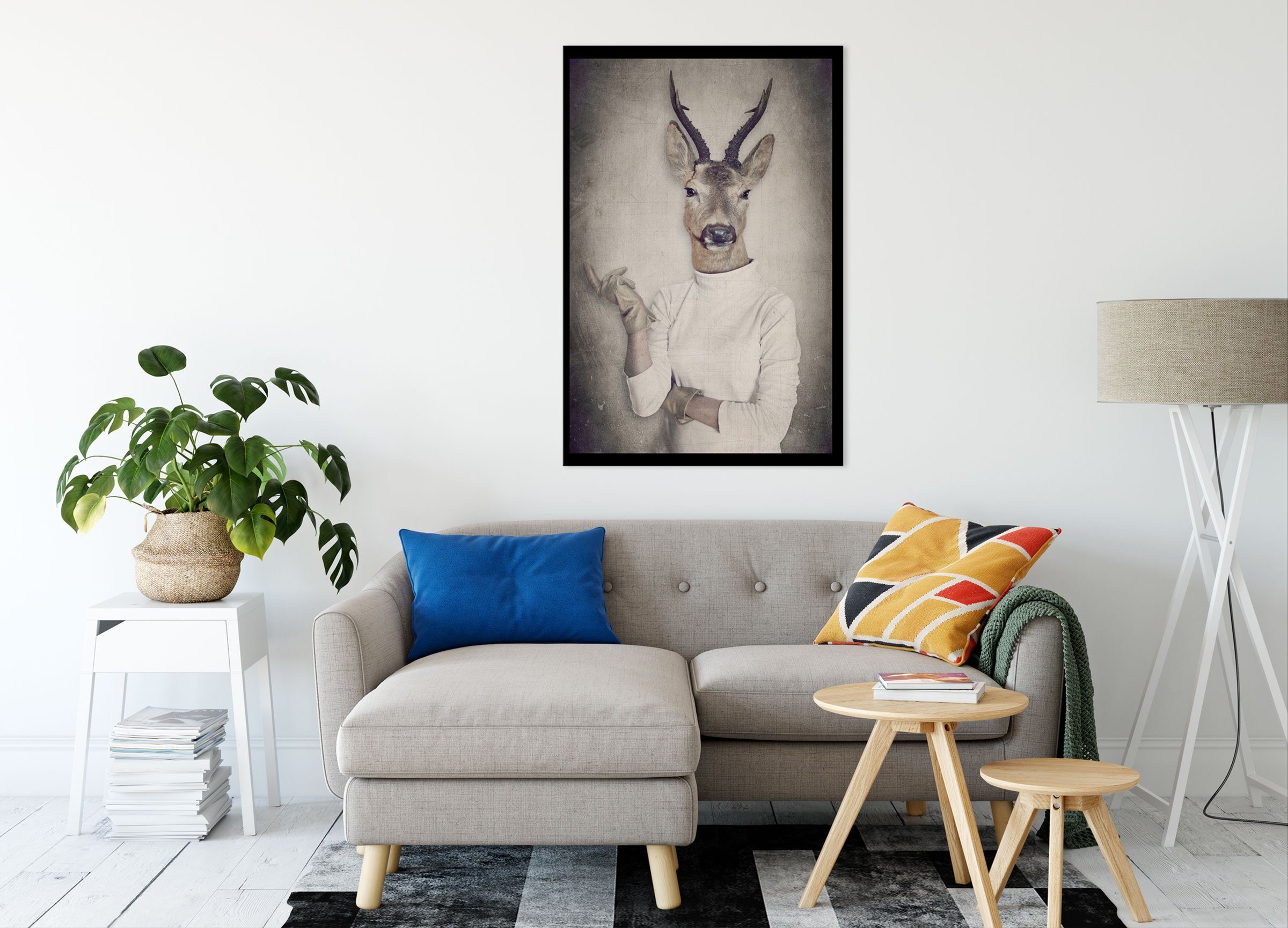 Pixxprint Leinwandbild Hirschkopf Menschenkörper im Pullover, Hirschkopf Me günstig online kaufen