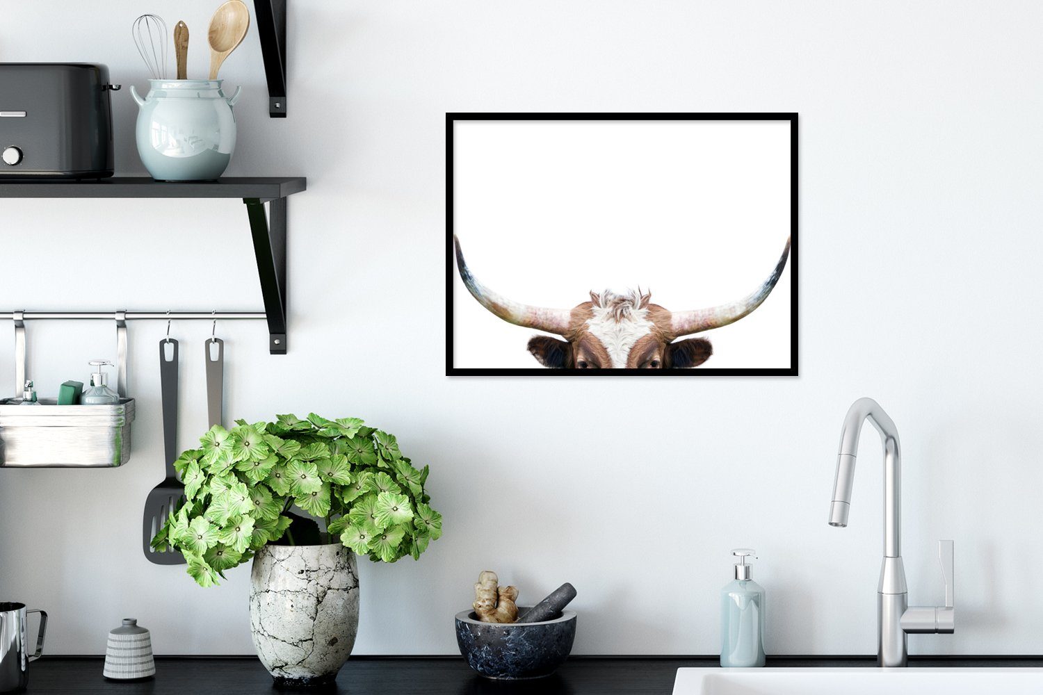 MuchoWow Poster Stier - Tiere mit Gerahmtes Hörner St), (1 Kunstdruck, - Bilderrahmen Rahmen, Poster, Schwarzem - Natur