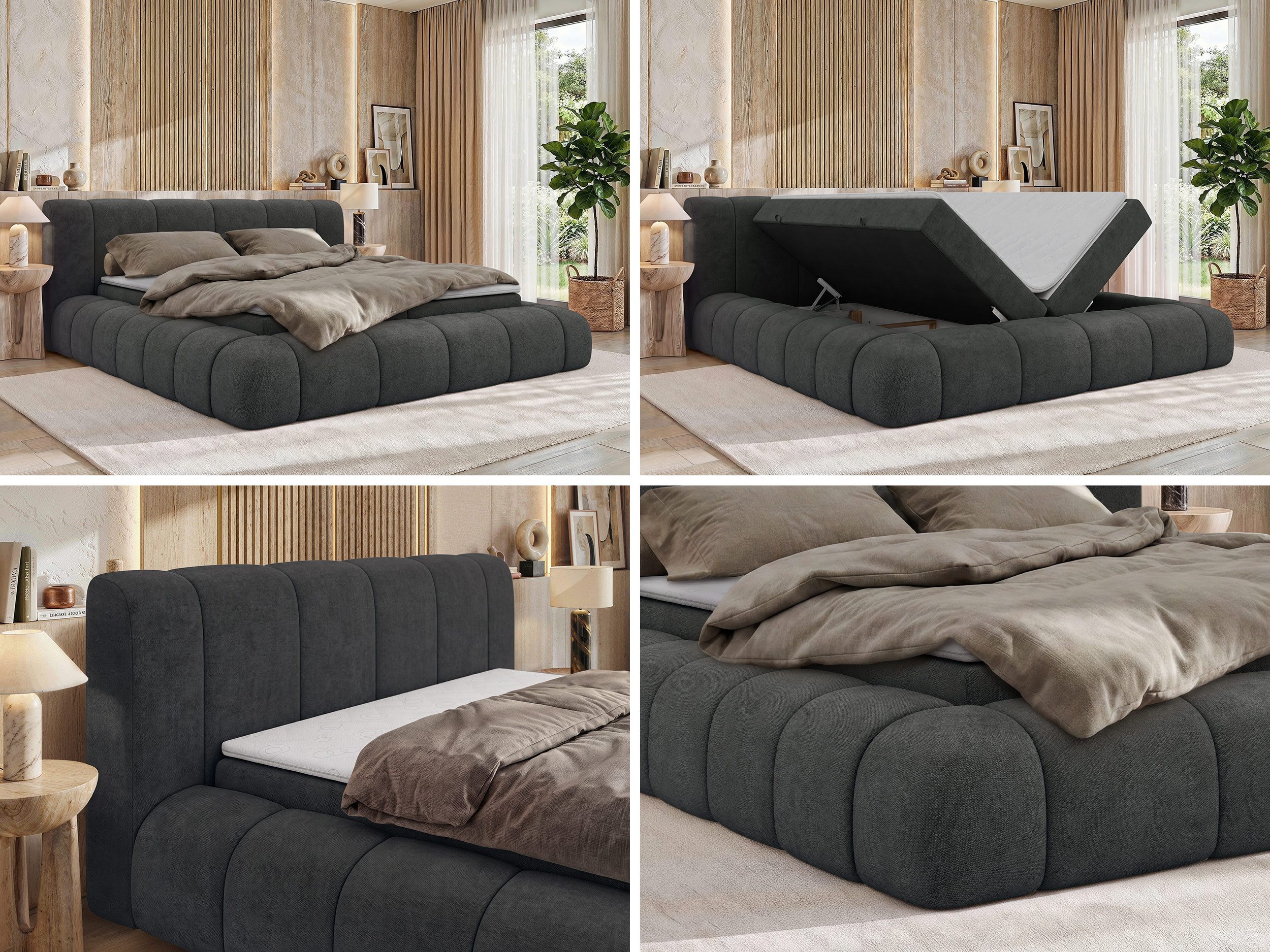 MKS MÖBEL Boxspringbett NUBEA (Komplettbett, Set, inkl. 2 Bettkästen, Matratze H3/H4 und Topper Visco oder T25), Feder-Hebemechanik, 7-Zonen-Multipocket-Matratze, Bett mit Kopfteil