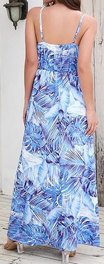 BlauWave Dirndl Damen Bohemian gedrucktes langes Kleid sexy V-Ausschnitt Träger Kleid (1-tlg) Boho Kleid Blumenmuster