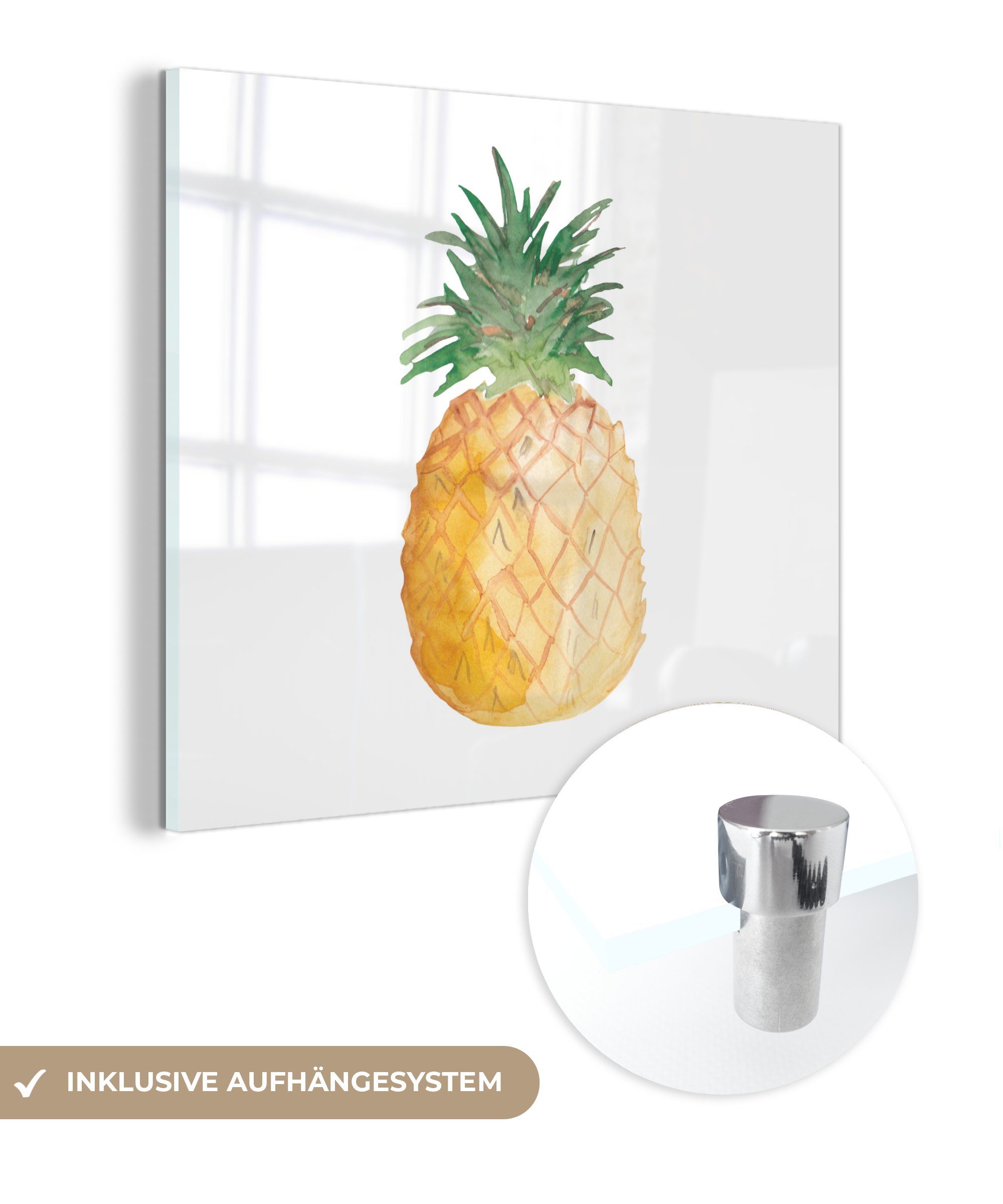 MuchoWow Acrylglasbild Ananas - Aquarellfarbe - Weiß, (1 St), Glasbilder - Bilder auf Glas Wandbild - Foto auf Glas - Wanddekoration