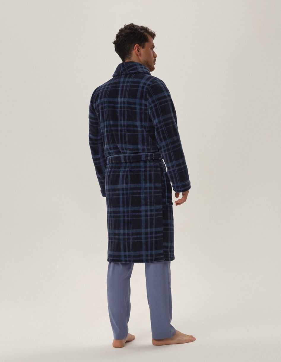 Henderson Herrenbademantel Fleece-Bademantel in Midilänge mit Karomuster und Taschen Hover, Midilänge, Polyester, Gürtel