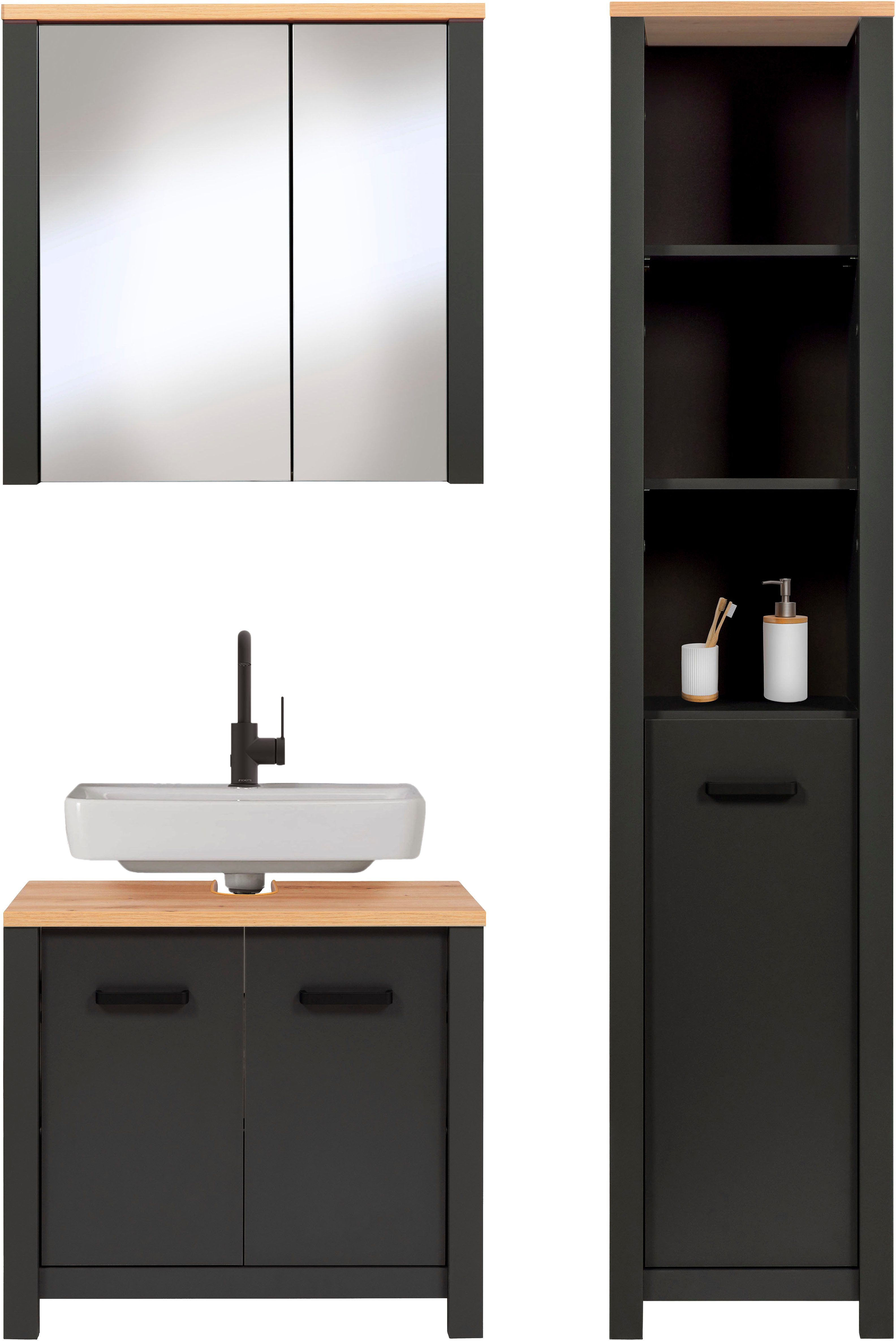Inter Link Badmöbel-Set Pienza, 3-tlg. Badmöbel-Set mit Stauraum in Anthrazit/Eiche-Optik, (3-St), Badezimmermöbel mit Waschbeckenunterschrank, Spiegel & Hochschrank