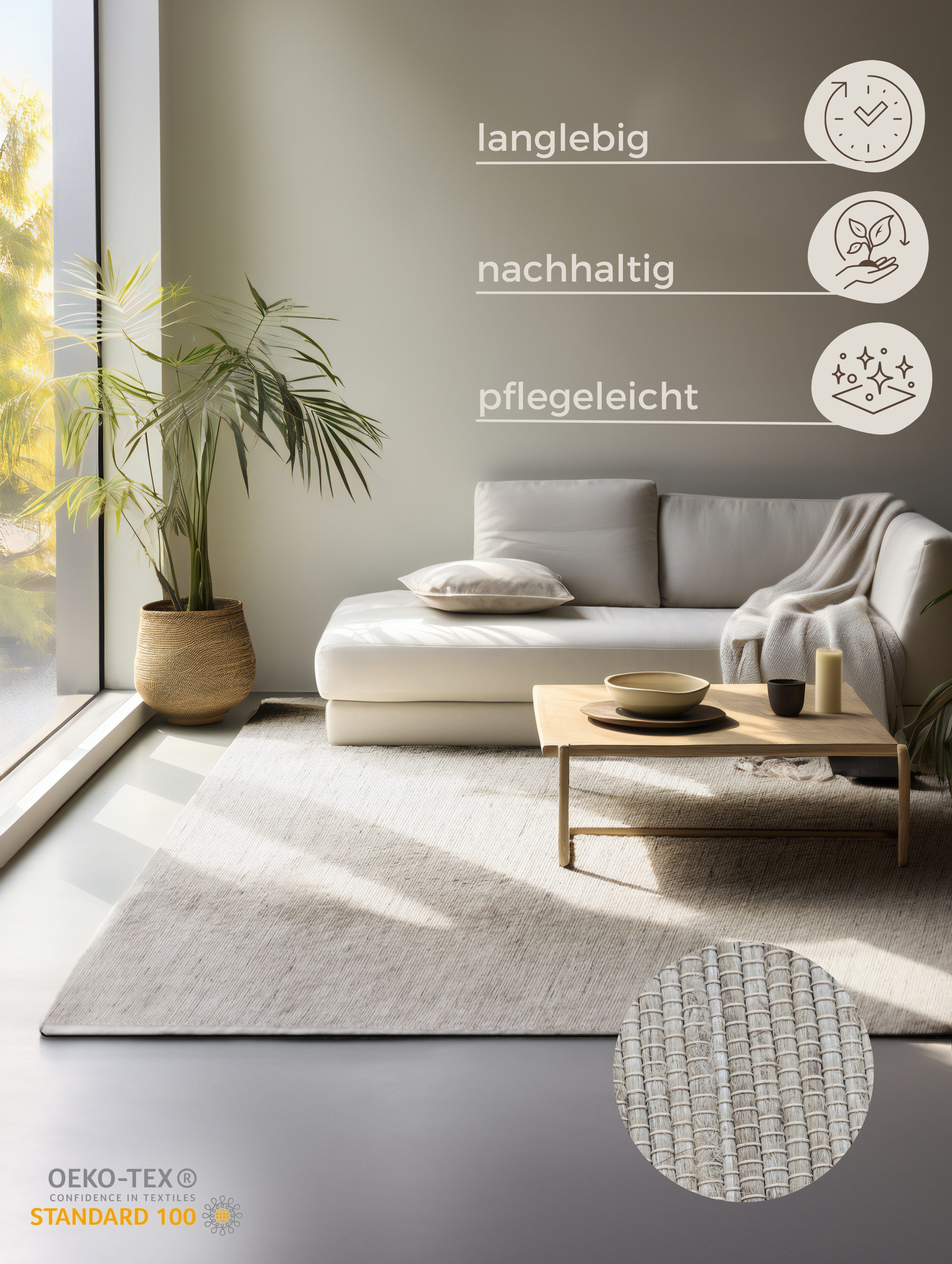 HANSE Home Teppich Dhaka Juteteppich, rechteckig, Höhe: 5 mm, Läufer, handgewebt, Jute, Wolle, Natur, Wohnzimmer, Flur, Klassisch