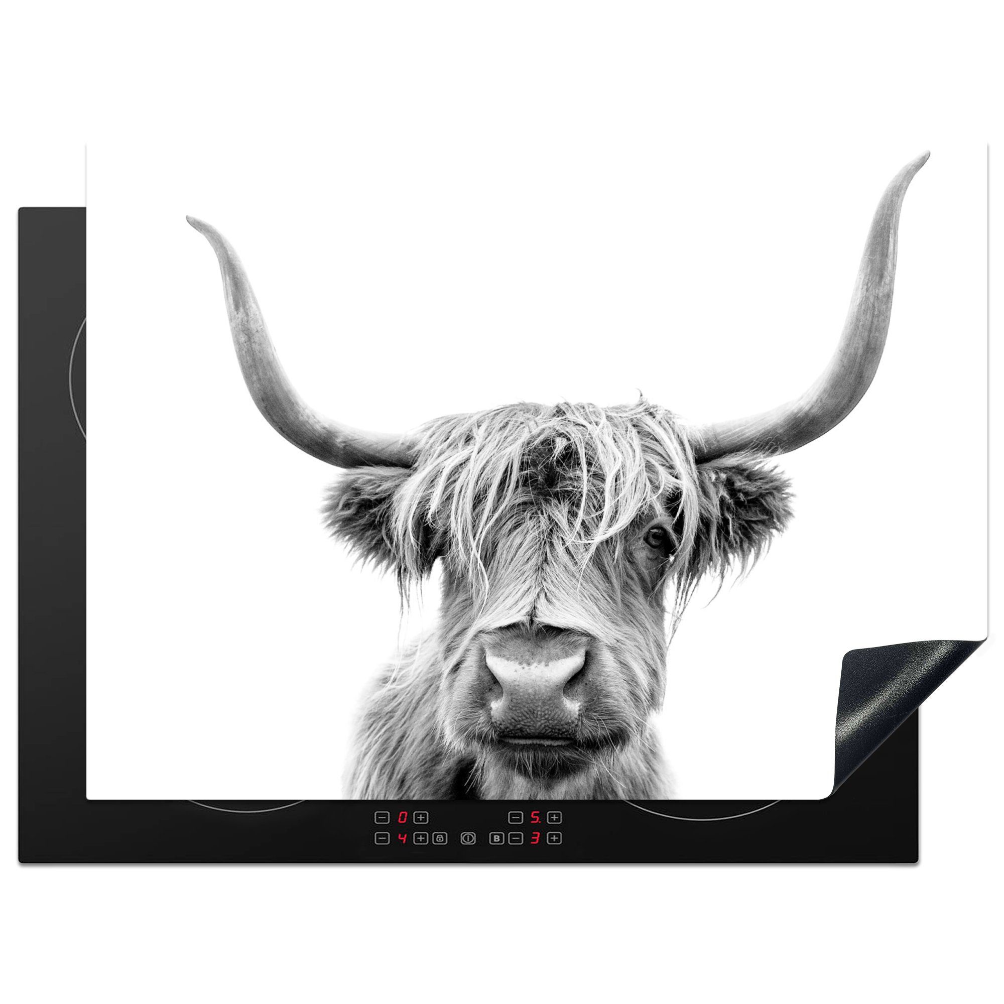 MuchoWow Herdblende-/Abdeckplatte Schottischer Highlander - Kuh - Schwarz - Weiß, Vinyl, (1 tlg), 71x52 cm, Induktionskochfeld Schutz für die küche, Ceranfeldabdeckung