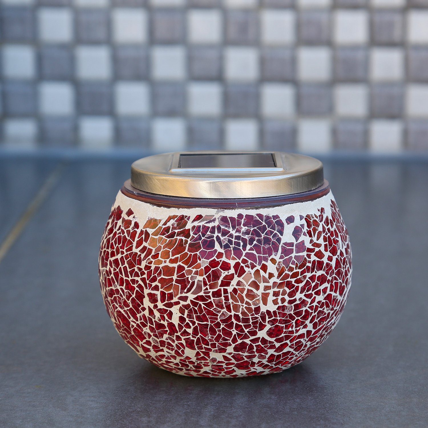 MARELIDA LED Windlicht LED Solar Windlicht Mosaik Glas Solarglas Mosaikleuchte für Balkon rot, LED Classic, kaltweiss (5300K bis 6000K)