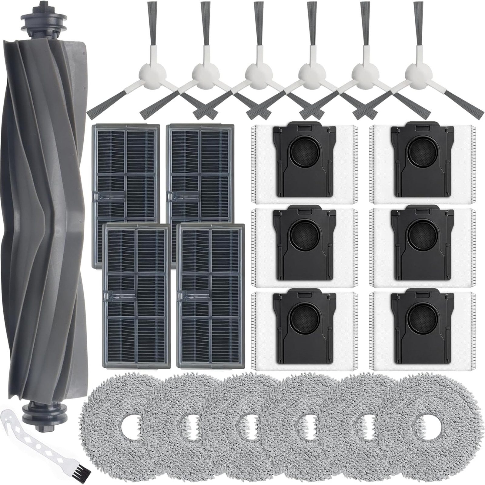 SURFOU Saugroboter Zubehör-Set 24tlg Zubehör für Dreame L10s / X30 / L40 / Mova E30 Ultra Saugroboter, Zubehör für Dreame L10s Ultra Gen 2, Dreame L10s Pro Ultra Heat, Dreame X30 Ultra, Dreame L40 Ultra AE, (Set), 1 Hauptbürste 6 Wischtücher 4 HEPA Filter 6 Seitenbürsten 6Staubbeutel