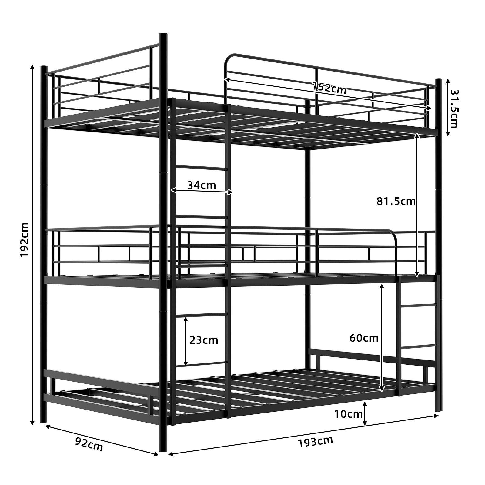 ANYSUN Etagenbett Schweres Dreifach-Rahmenbett,Kinderbett Metallbett (Dreierbett 90x200cm mit eingebauter Leiter und durchgehendem Geländer), bodensicher für Ki – Bild 4 von 5