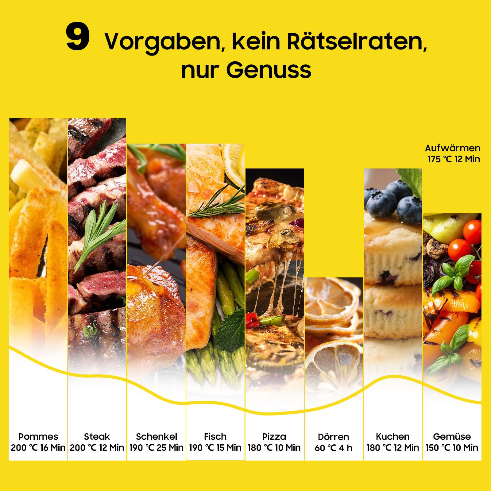 AIMAX Heißluftfritteuse XXL 9L Airfryer mit Touch-Display, 9 Programmen, einstellbarer Zeit und Temperatur, spülmaschinengeeignet, 2350 W, 40–200 °C,360° Heißlu – Bild 4 von 5