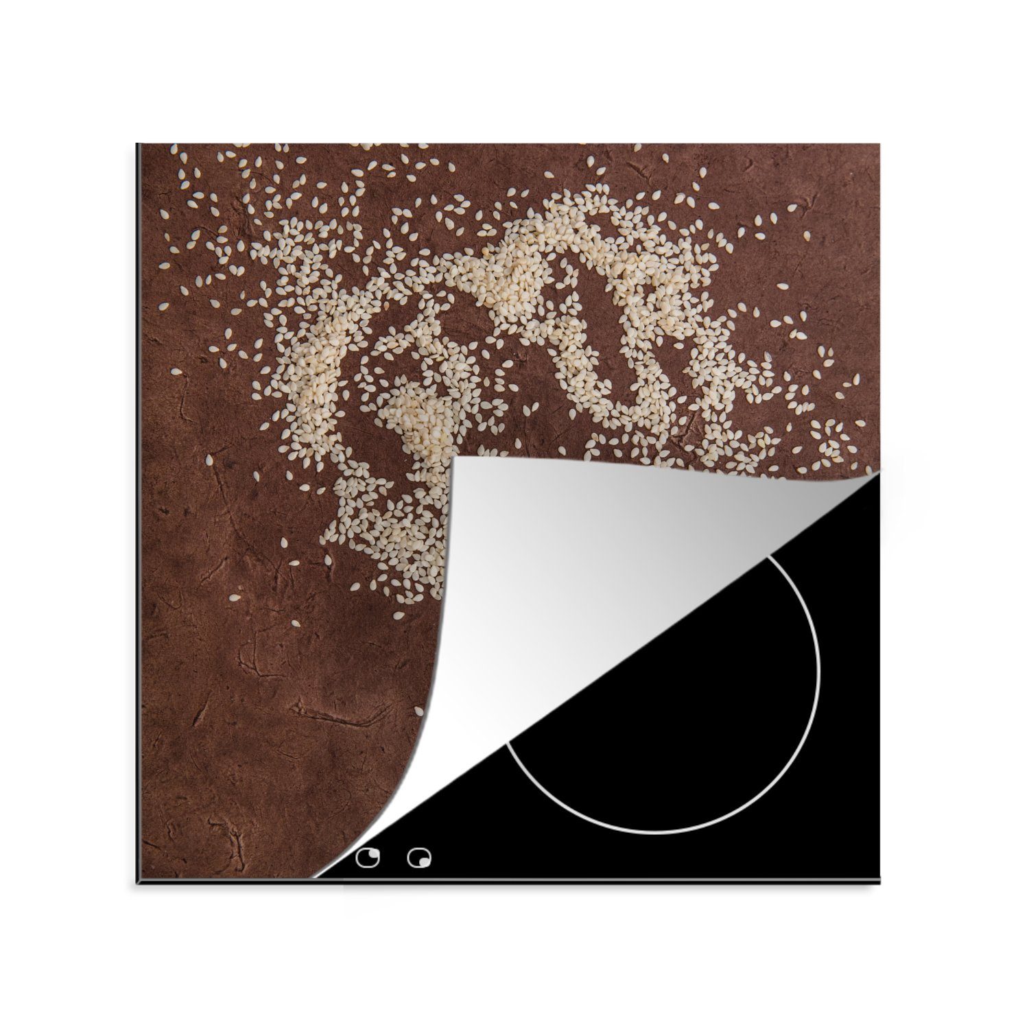 MuchoWow Herdblende-/Abdeckplatte Braune Oberfläche mit Sesamsamen auf dem Tisch, Vinyl, (1 tlg), 78x78 cm, Ceranfeldabdeckung, Arbeitsplatte für küche