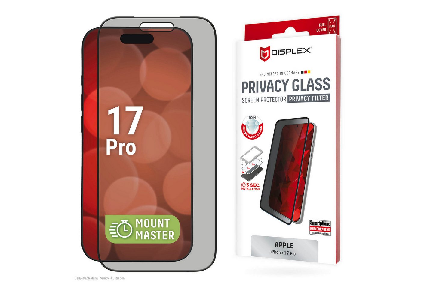 Displex Displayschutzglas Privacy Glass Screen Protector mit EASY-ON MountMaster für Apple iPhone 17 Pro, Displayschutzfolie, Schutzfolie, Bildschirmschutz, kratz- & stoßfest