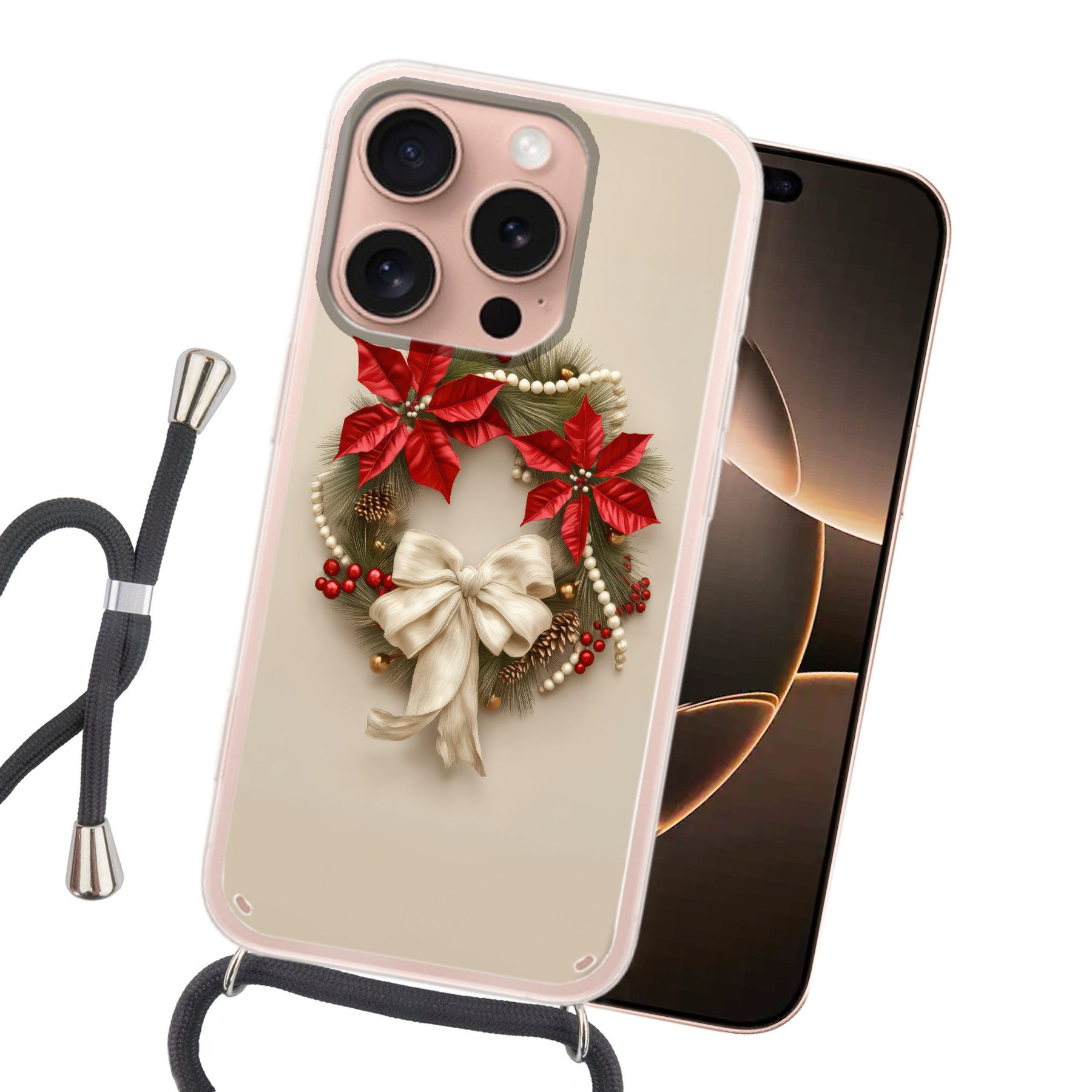 MuchoWow Handyhülle für Apple iPhone 16 Pro Türkranz - Schleife - Weihnachten - Rot - Grün, Tragbare Handyhüllen mit Kette zum umhängen, Handykette Handyband