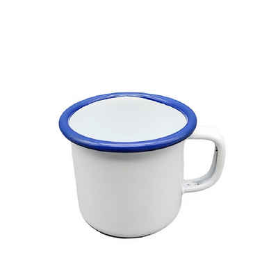 Linoows Tasse Emaille Tasse, Henkelbecher, Kaffeetasse, Becher, Emaille, kleine Henkeltasse, Kinder Henkelbecher weiß- blau