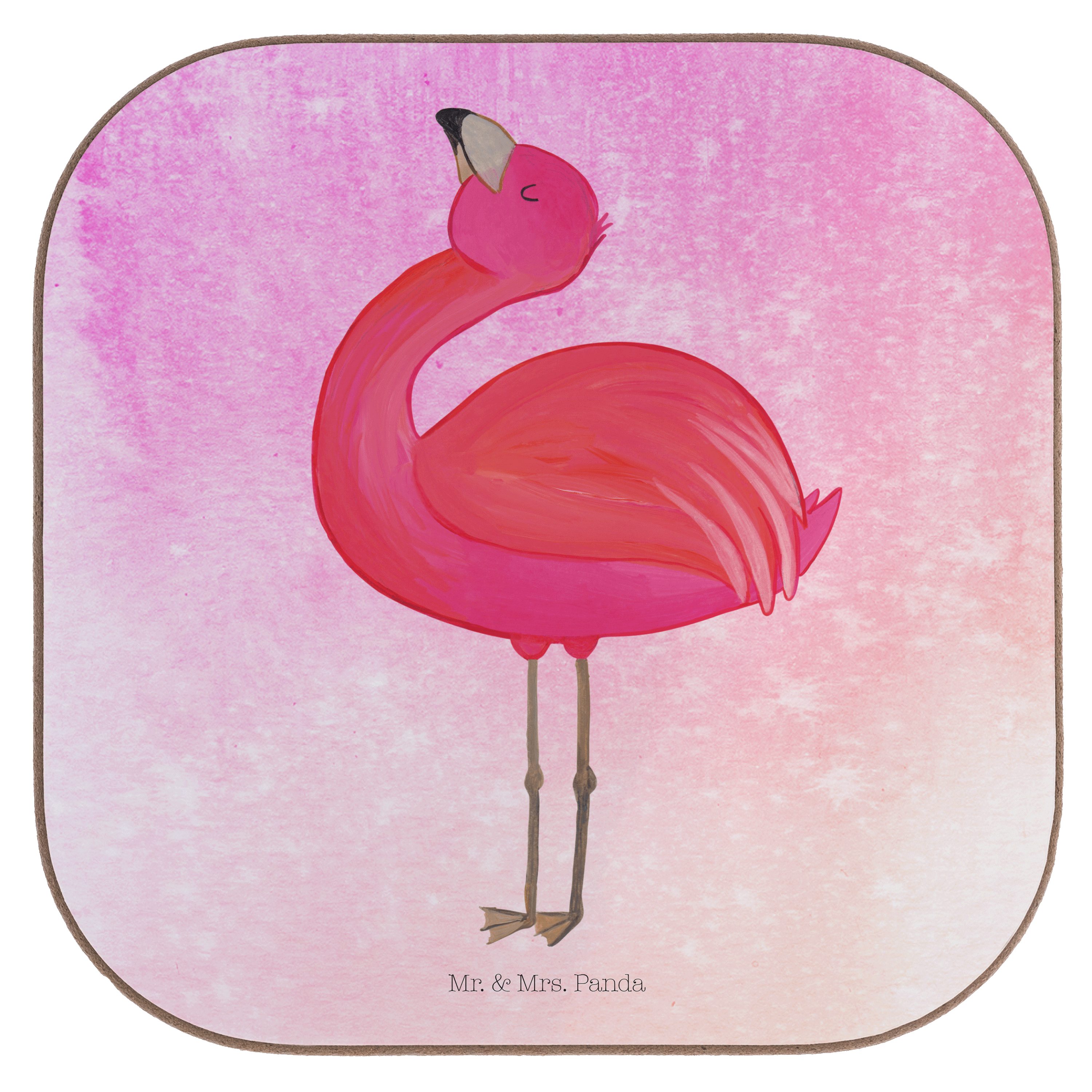 Mr. & Mrs. Panda Getränkeuntersetzer Flamingo stolz - Aquarell Pink - Geschenk, Selbstliebe, Glasuntersetz, 1-tlg.