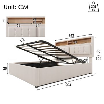 PHOEBE CAT Polsterbett (Hydraulisches Stauraumbett mit Lattenrost), Doppelbett 140x200cm mit USB Typ C Ladefunktion Kopfteil, Leinen