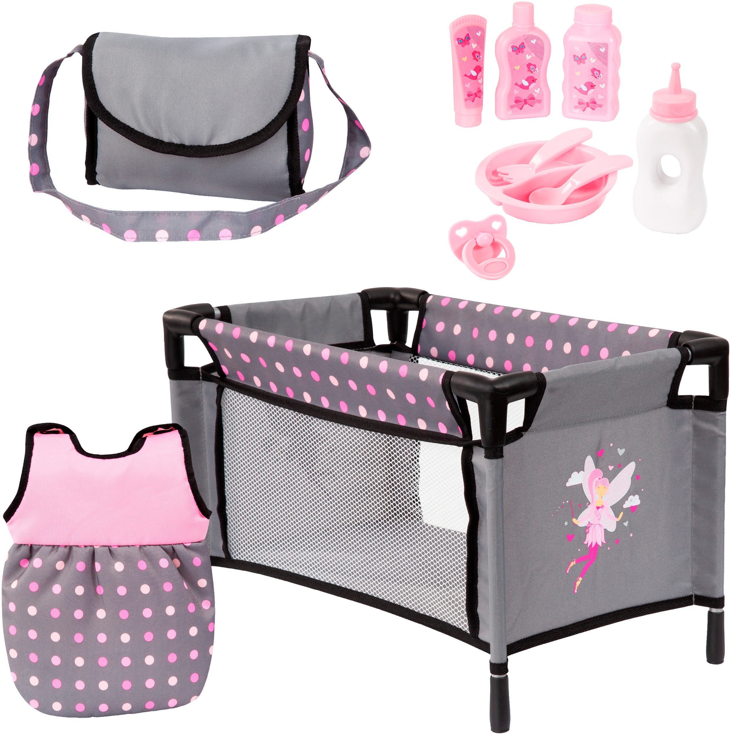 Bayer Puppenbett Puppen-Reisebett-Set Fee (Set, 11tlg), Schlafsack, Tasche, Teller, Flaschen, Besteck, Fläschchen u. Schnuller
