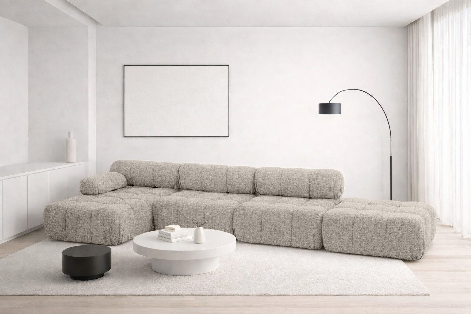 Kaiser Möbel Ecksofa XL mit Pouf modern für Wohnzimmer, Stoff Abriamo, SELIA, Ecksofa mit Pouf, Bouclé-Stoff,modulares System