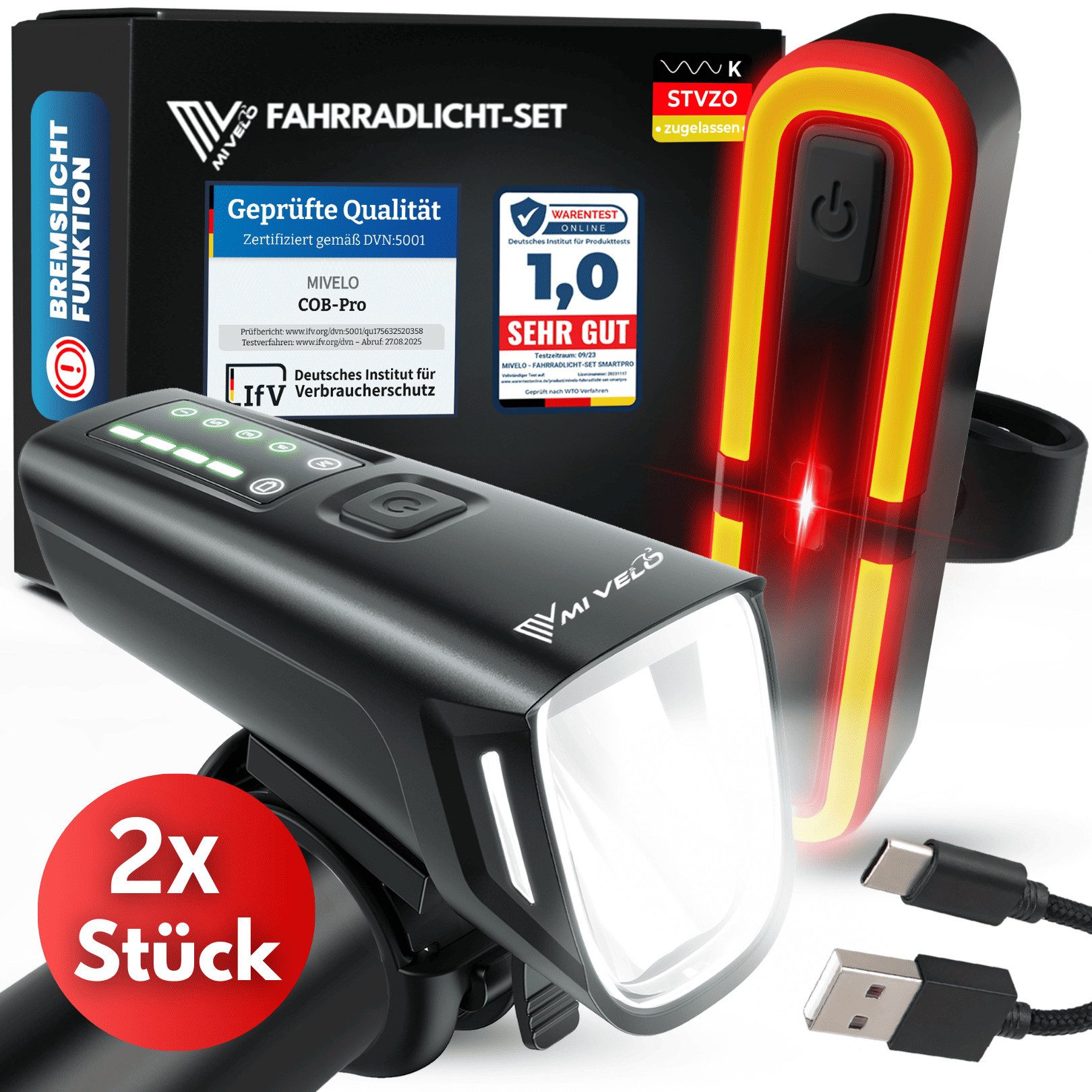 MIVELO Fahrradbeleuchtung SMART Fahrradlicht Set LED 100 LUX - Akku USB aufladbar