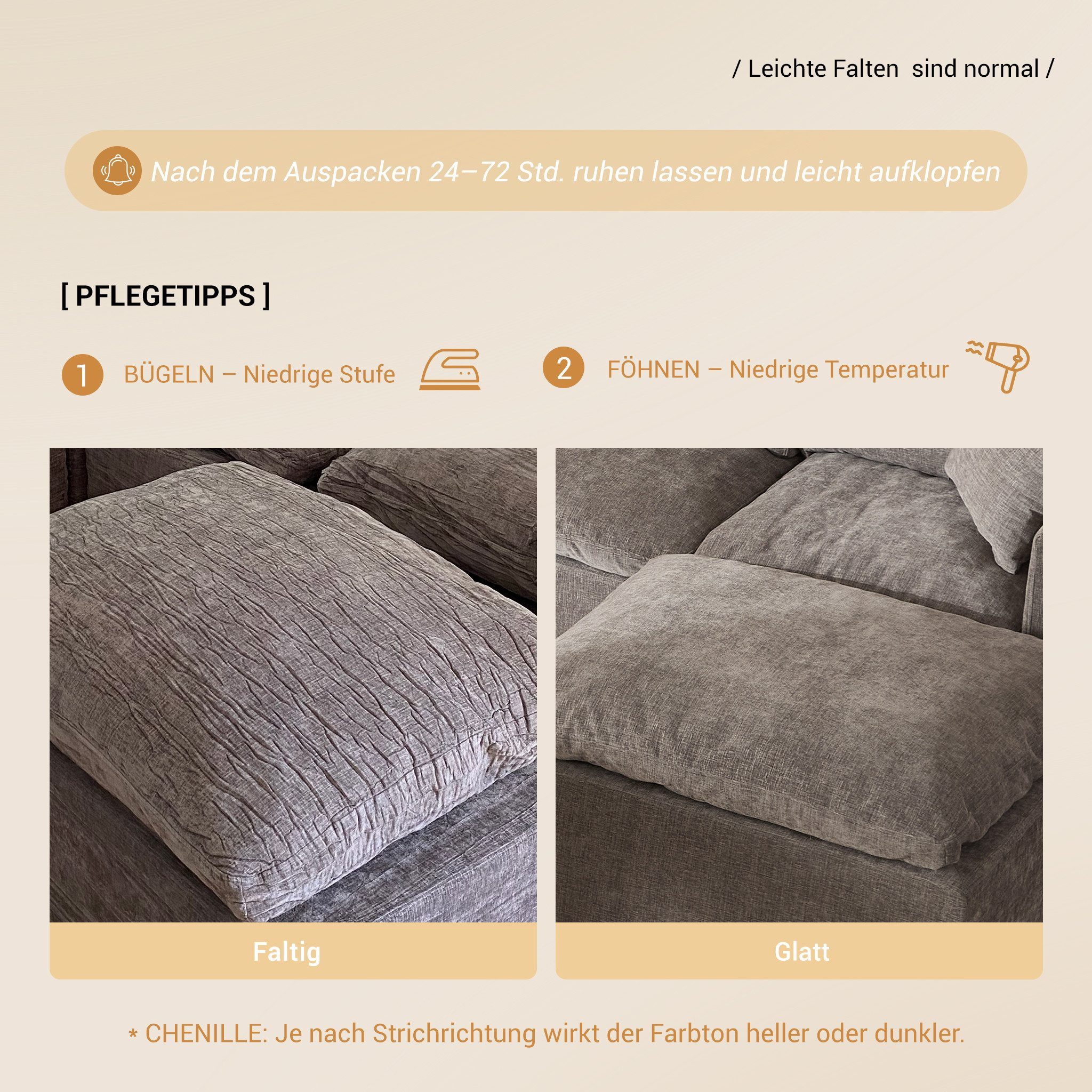 LITBIRD Sofa Ecksofa mit Schlaffunktion, extra tiefe Sitzfläche, Chenille-Bezug, 3 Teile, platzsparendes L-Form Sofa 190 cm, moderne Couch, ohne Montage