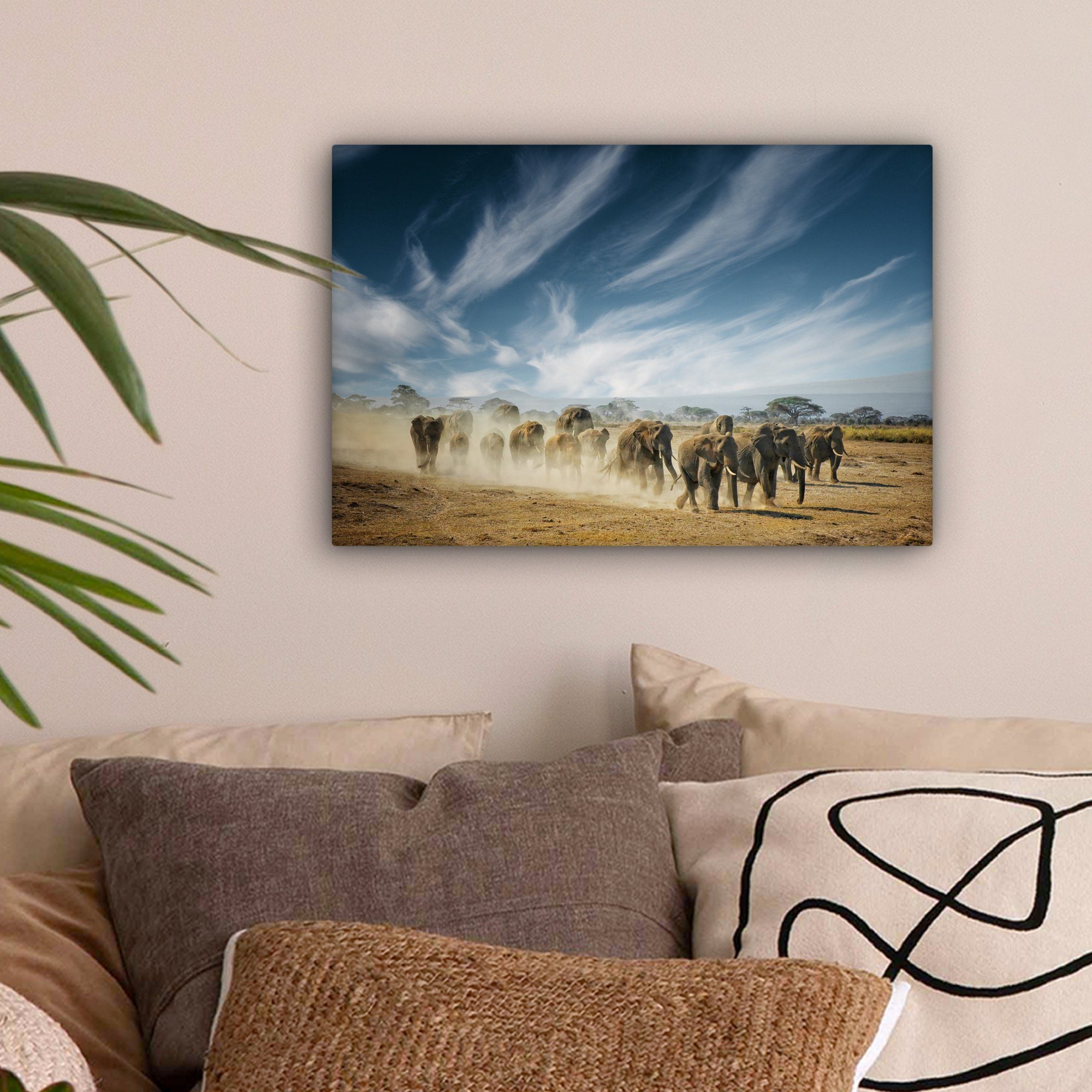 (1 Elefanten - Tiere Aufhängefertig, 30x20 - Landschaft cm Leinwandbilder, St), Wanddeko, Natur, Wandbild OneMillionCanvasses® - Leinwandbild