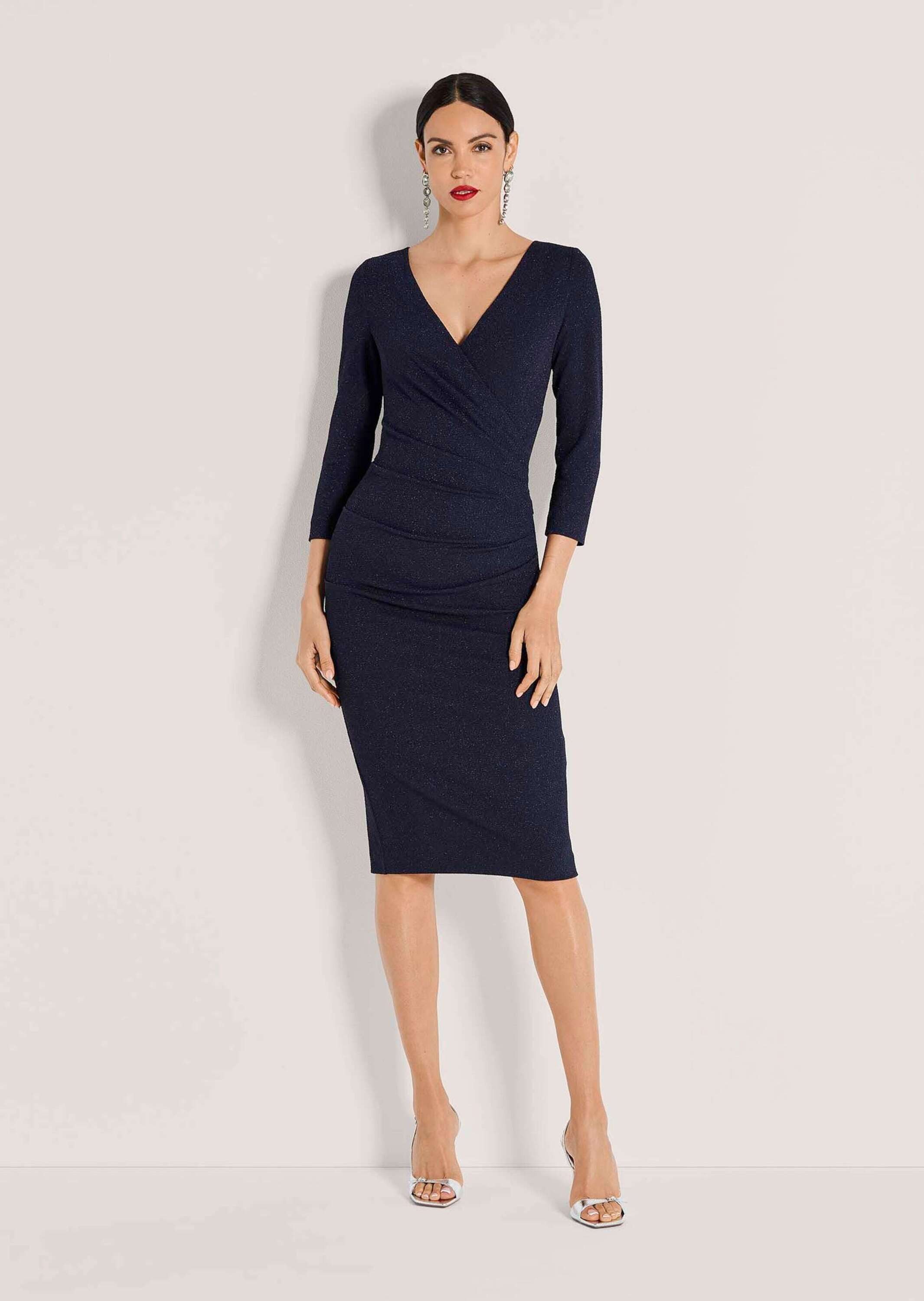 MADELEINE Etuikleid Stretchkleid in Wickeloptik Glanzkleid mit V-Ausschnitt günstig online kaufen