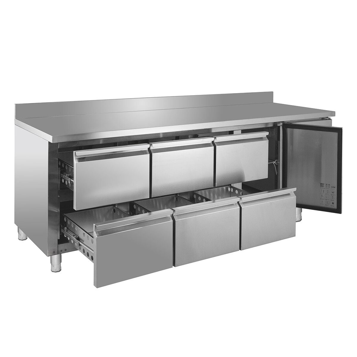 GastroHero Dönergrill Kühltisch Edelstahl GN 1/1 mit Aufkantung 1 Tür 6 Schubladen, 398 W